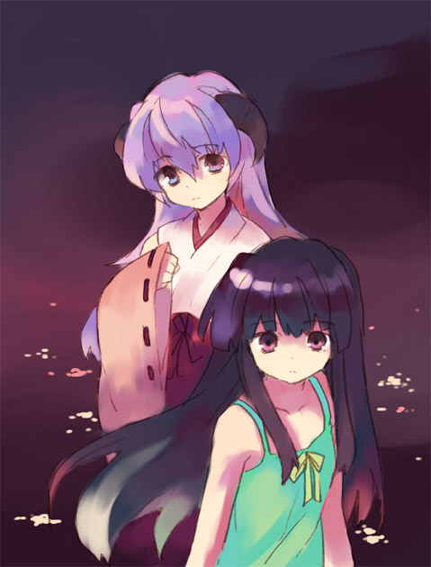 shatiko, furude rika, hanyuu, higurashi no naku koro ni, 00s, 2girls, bare shoulders, blunt bangs, collarbone, dress, hakama, hakama short skirt, hakama skirt, horns, japanese clothes, kimono, long hair, looking at viewer, multiple girls, red skirt, ribbon-trimmed sleeves, ribbon trim, skirt, sleeveless, sleeveless dress, sundress, wide sleeves