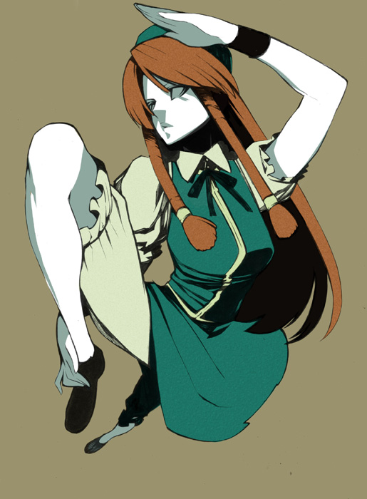 onigunsou, hong meiling, immaterial and missing power, touhou, 1girl, bloomers, female focus, hat, long hair, red hair, solo, underwear