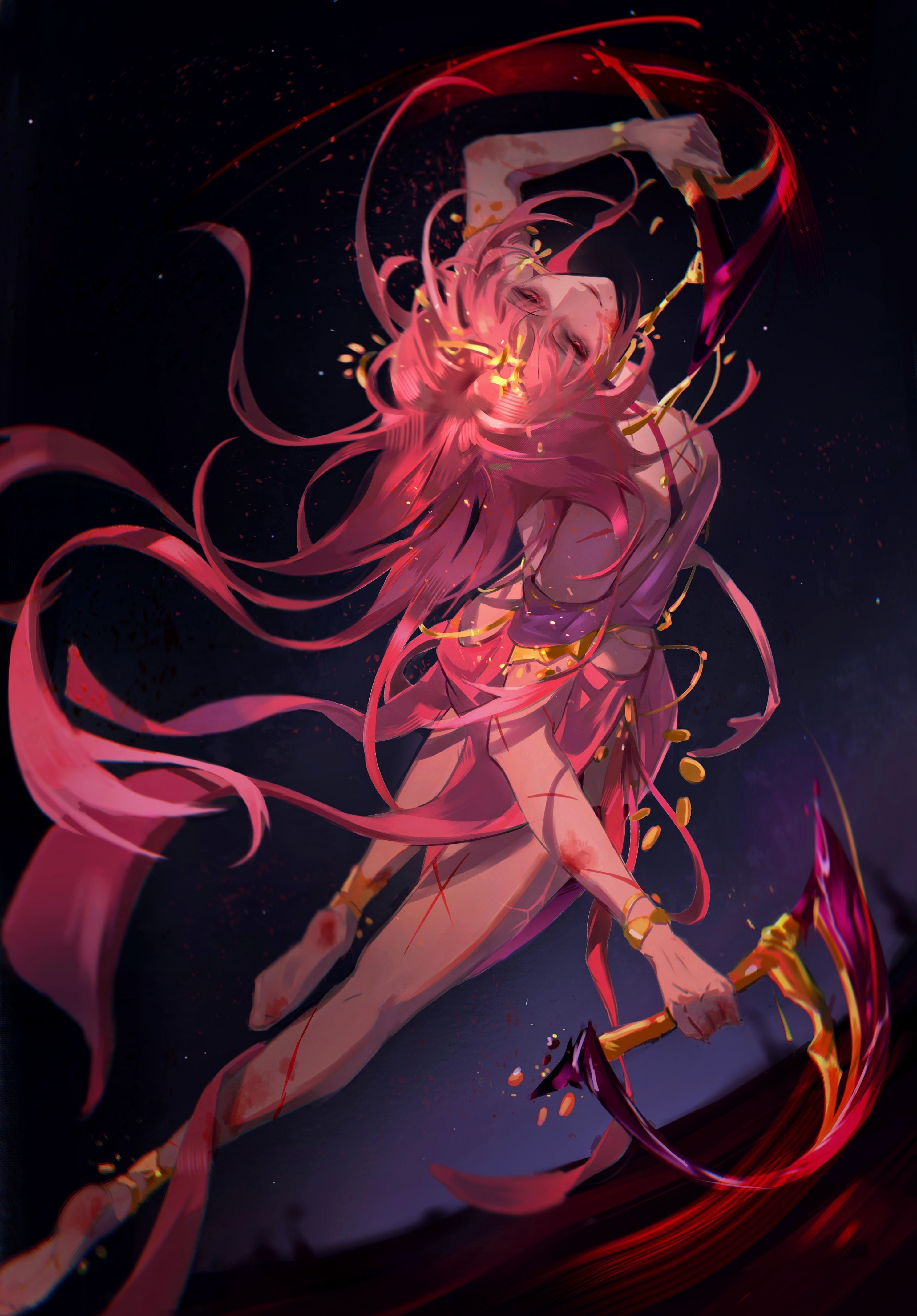 weishui fengsheng, jasmine (path to nowhere), path to nowhere, absurdres, chinese commentary, commentary, highres, 1girl, bare arms, barefoot, blood, blood on face, blood splatter, bloody weapon, bracelet, chakram, cuts, dancing, dress, floating hair, full body, glowing, glowing eyes, gold anklet, gold bracelet, holding, holding weapon, injury, jewelry, long hair, midair, motion blur, pelvic curtain, pink dress, pink eyes, pink hair, sleeveless, sleeveless dress, solo, very long hair, weapon