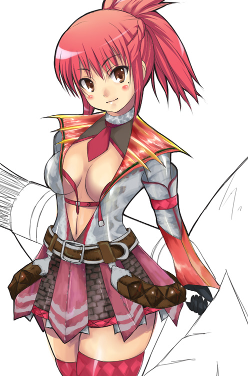 waku, plesioth, capcom, monster hunter (series), 1girl, breasts, cleavage, female focus, hermitaur (armor), plesioth (armor), pteruges, red hair, skirt, solo, thighhighs, zettai ryouiki