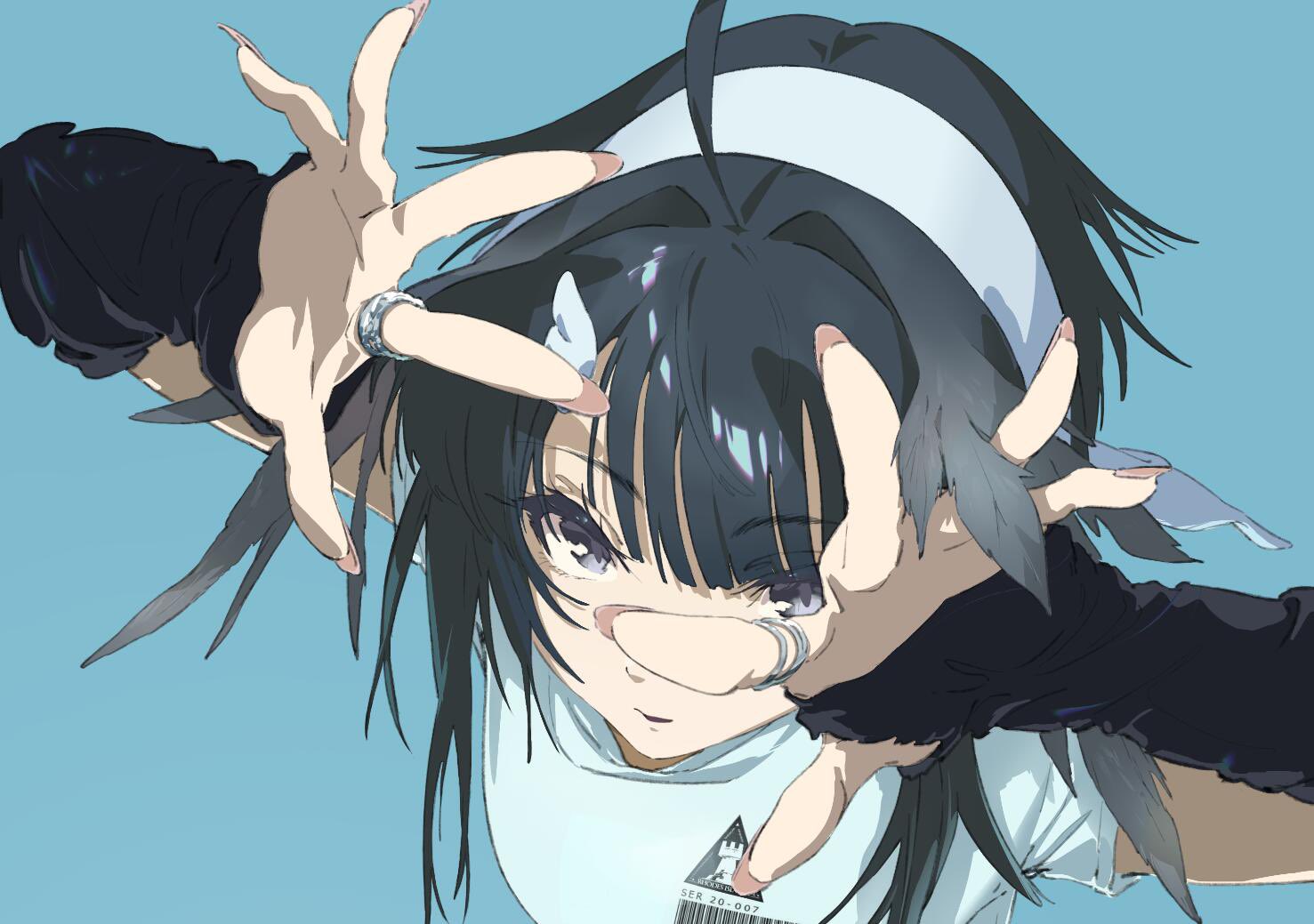 yakumo crack, la pluma (arknights), arknights, 1girl, ahoge, black eyes, black hair, black sleeves, blue background, detached sleeves, feather hair, fingernails, from above, hair intakes, hairband, hands up, jewelry, long sleeves, looking at viewer, parted lips, portrait, rhodes island logo (arknights), ring, shirt, short hair, simple background, solo, white shirt