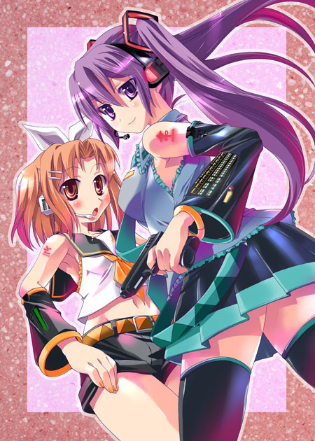 imu sanjo, hatsune miku, kagamine rin, sion eltnam (type-moon), sion eltnam atlasia, yumizuka satsuki, melty blood, tsukihime, type-moon, vocaloid, cosplay, crossover, hatsune miku (cosplay), kagamine rin (cosplay), skirt, thighhighs, twintails, two side up, zettai ryouiki