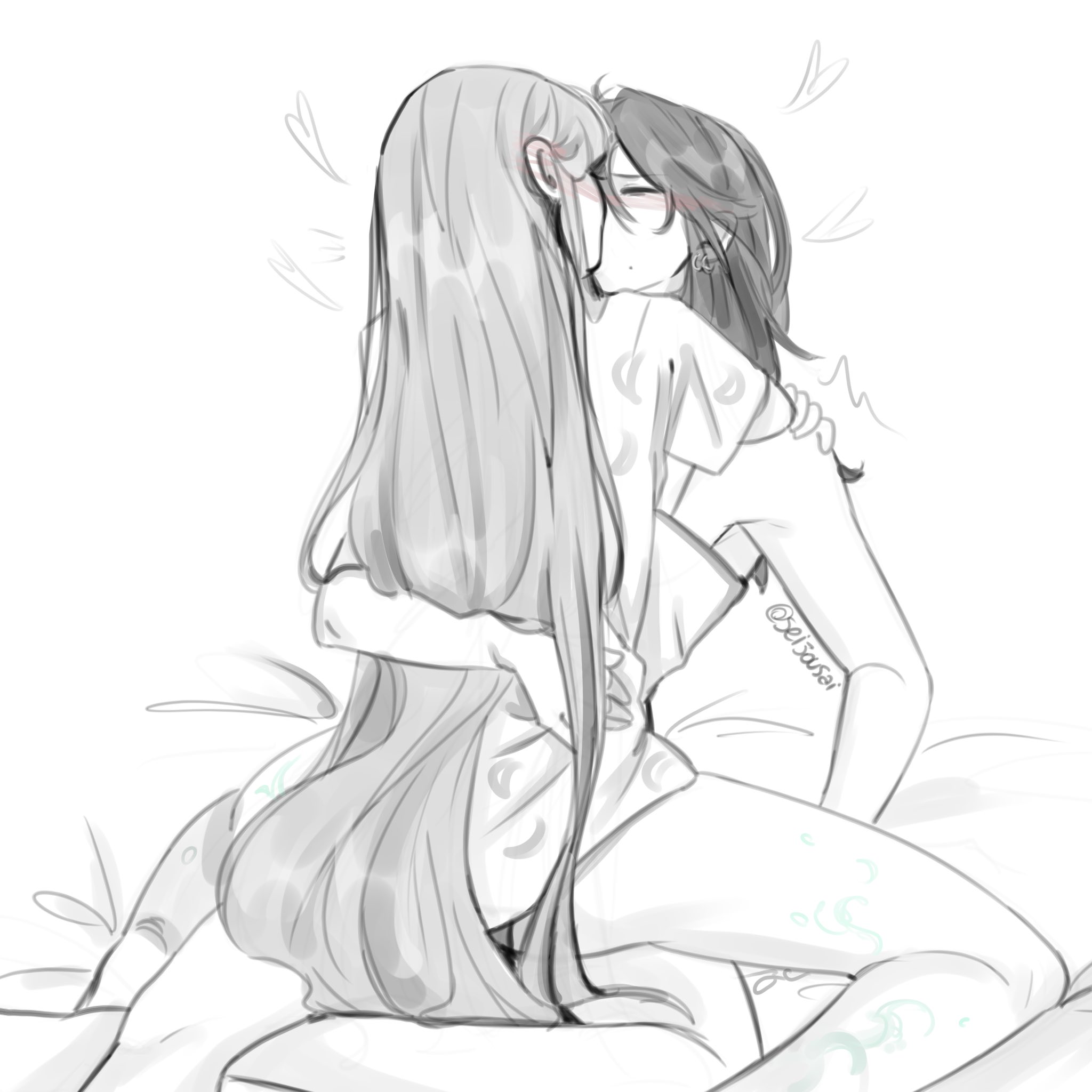 seijousai, original, commentary, english commentary, highres, 2girls, blush, closed eyes, greyscale, heart, kiss, monochrome, multiple girls, selin (seijousai), signature, sitting, sitting on lap, sitting on person, tori (seijousai), yuri