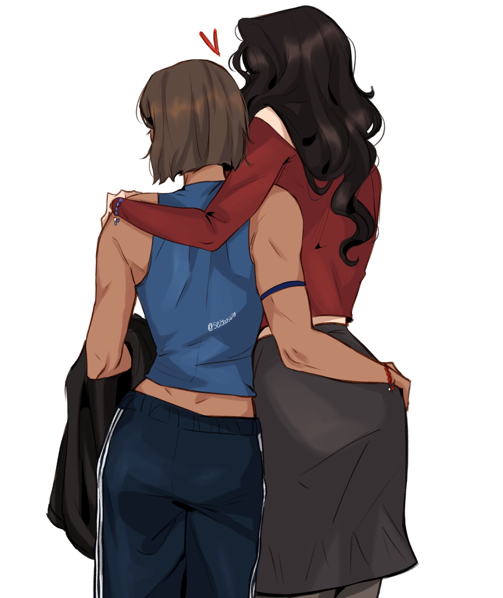 seijousai, asami sato, korra, avatar legends, the legend of korra, commentary, english commentary, highres, 2girls, arm around shoulder, arm around waist, black hair, black pants, black skirt, blue shirt, bracelet, brown hair, dark-skinned female, dark skin, heart, jewelry, long hair, long sleeves, multiple girls, pants, red shirt, shirt, short hair, signature, skirt, sleeveless, sleeveless shirt