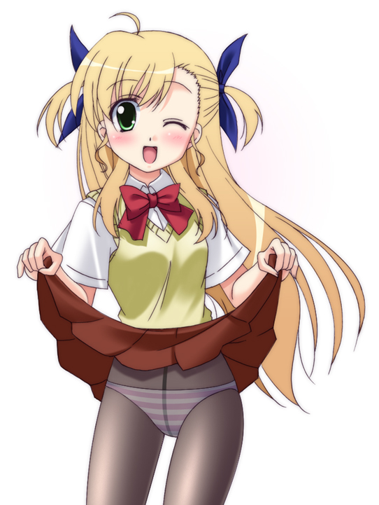 narutaki shin, vivio, lyrical nanoha, mahou shoujo lyrical nanoha, mahou shoujo lyrical nanoha strikers, 00s, 1girl, clothes lift, crotch seam, female focus, long hair, panties, panties under pantyhose, pantyhose, skirt, skirt lift, solo, striped clothes, striped panties, underwear, upskirt, very long hair