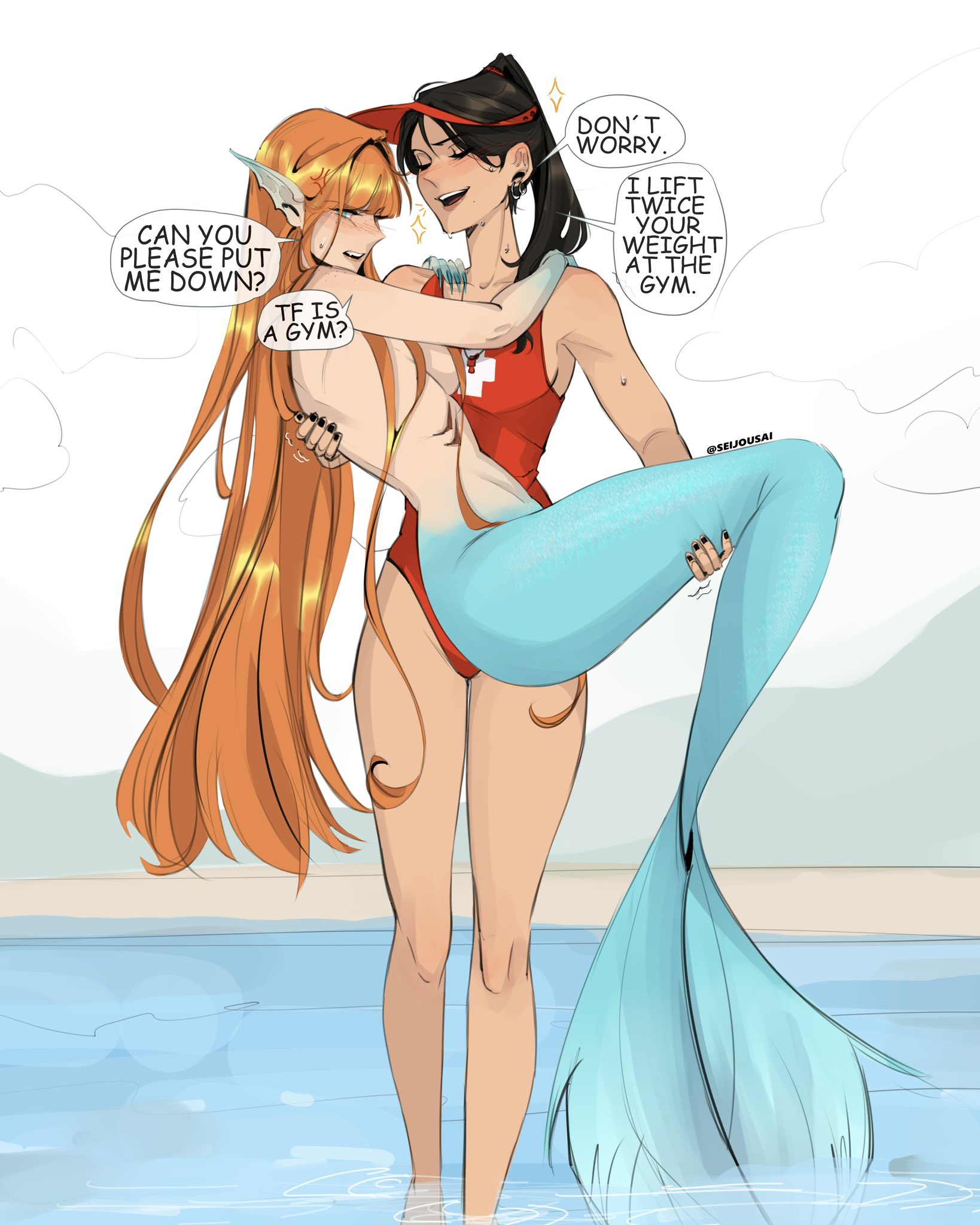 seijousai, original, highres, 2girls, anger vein, artist name, black hair, black nails, blue eyes, carrying, carrying person, closed eyes, colored extremities, earrings, english text, fingernails, high ponytail, jewelry, lifeguard, long fingernails, long hair, mermaid, monster girl, multiple girls, one-piece swimsuit, orange hair, pointy ears, ponytail, red one-piece swimsuit, selin (seijousai), swimsuit, tori (seijousai), very long hair, visor cap, wading