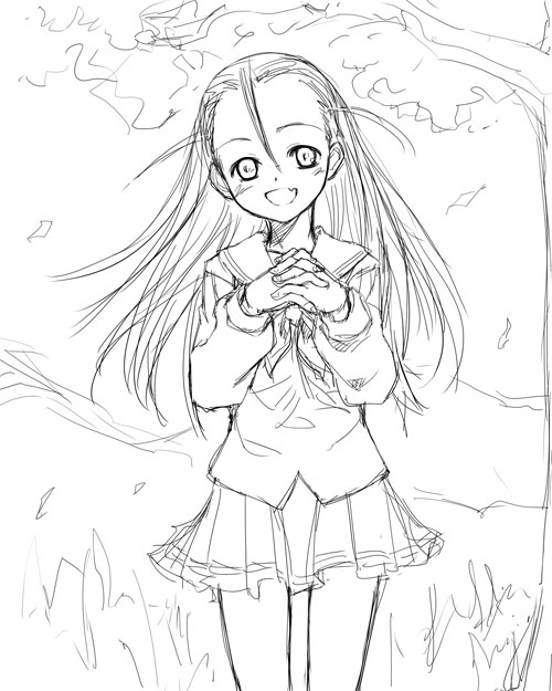 satou atsuki, elise von dietrich, sky girls, 00s, greyscale, monochrome, school uniform, serafuku, sketch, solo