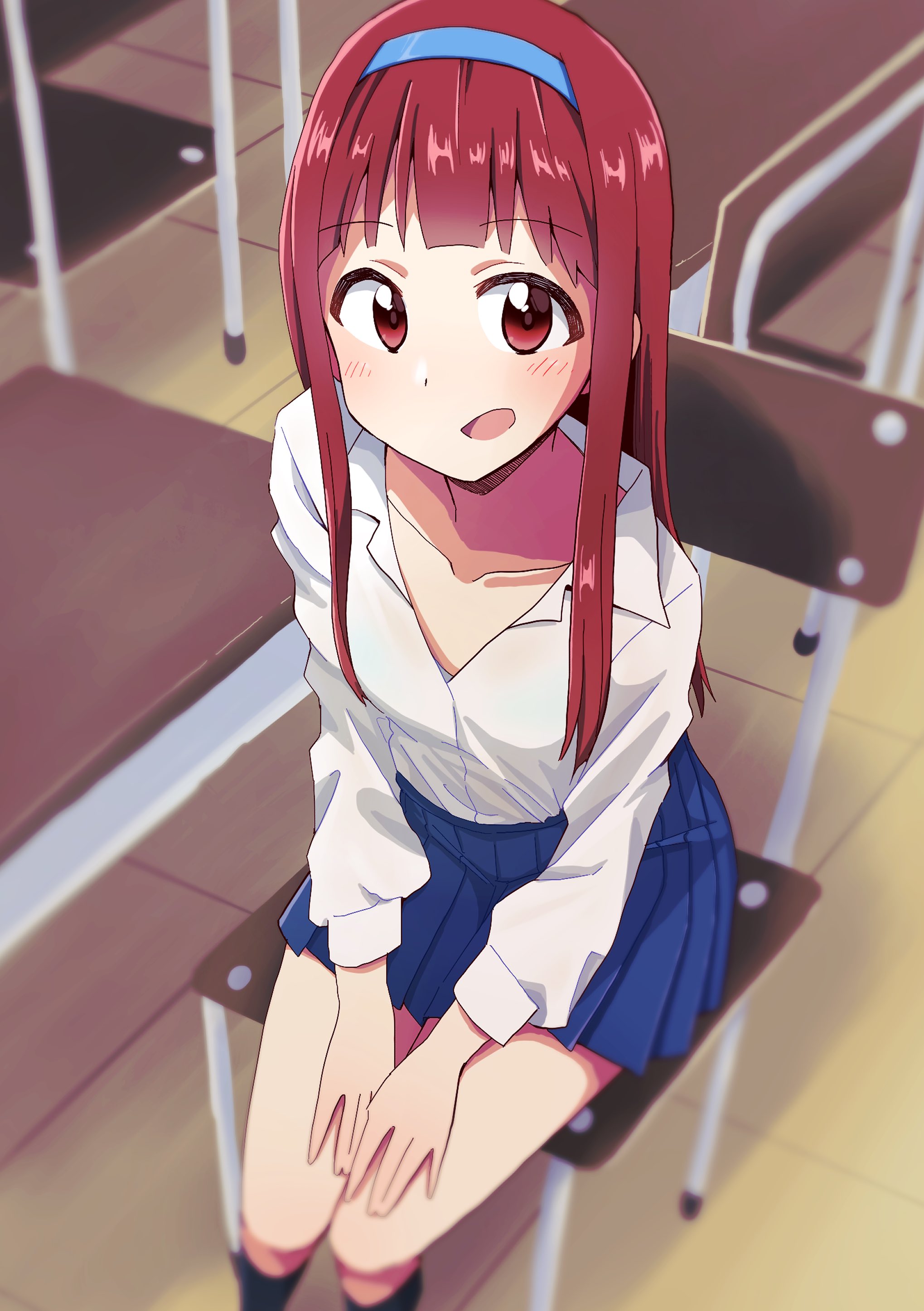 rickhime38, tanaka kotoha, idolmaster, idolmaster million live!, absurdres, highres, 1girl, blue hairband, blue skirt, chair, classroom, collarbone, collared shirt, hairband, hands on lap, indoors, long hair, long sleeves, looking at viewer, on chair, open collar, open mouth, pleated skirt, red eyes, red hair, school uniform, shirt, sitting, skirt, solo, straight hair, white shirt