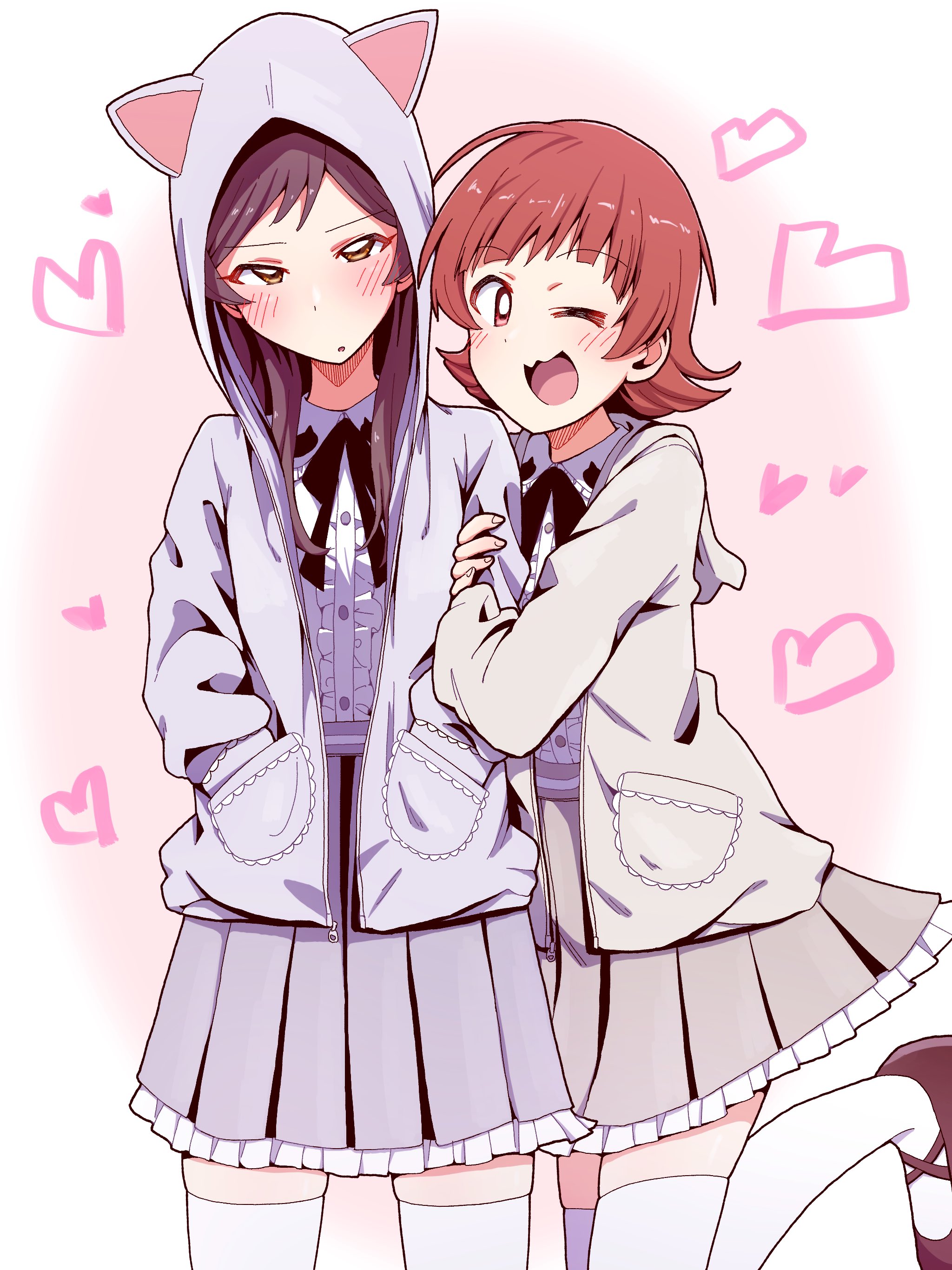 rickhime38, kitazawa shiho, nonohara akane, idolmaster, idolmaster million live!, absurdres, highres, 2girls, :3, animal hood, arm hug, blush, brown hair, cat hood, cowboy shot, hands in pockets, heart, hood, hood up, hooded jacket, jacket, leg up, long hair, looking at viewer, multiple girls, open mouth, pleated skirt, red hair, short hair, skirt, standing, thighhighs, white thighhighs, yuri