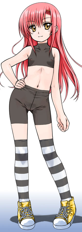 focke wulf, katsura hinagiku, converse, hayate no gotoku!, long image, tall image, 00s, 1girl, bike shorts, black thighhighs, blush, covered erect nipples, crop top, female focus, flat chest, hair ornament, hairclip, hand on own hip, hip focus, legs, loli, long hair, midriff, navel, pink hair, see-through clothes, shadow, shoes, sleeveless, sleeveless turtleneck, smile, sneakers, socks, solo, standing, striped clothes, striped socks, striped thighhighs, thighhighs, turtleneck, yellow eyes, yellow shoes, zettai ryouiki