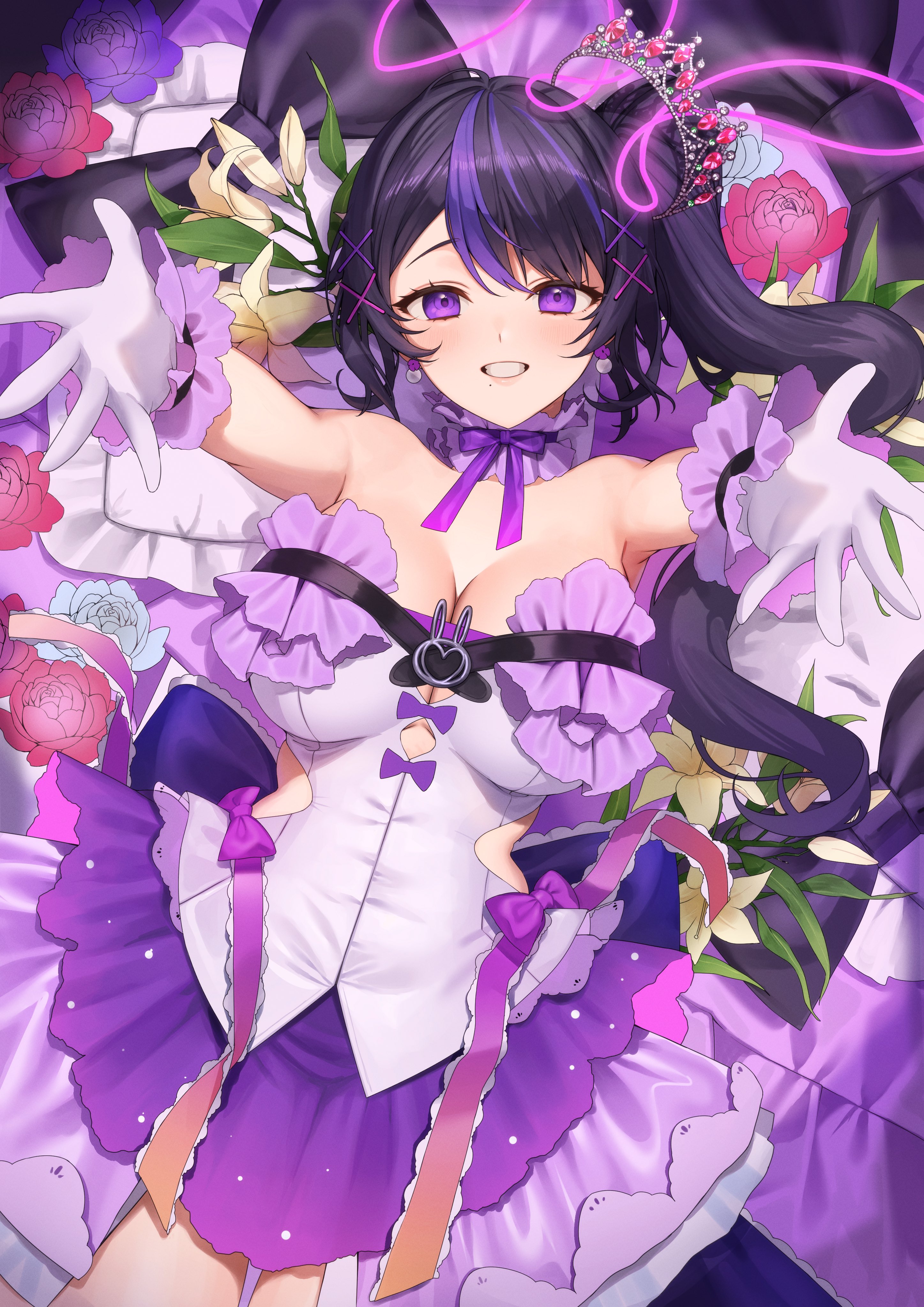 0707 una, ahera ohoko, indie virtual youtuber, absurdres, commentary, highres, 1girl, armpits, black hair, blush, bow, breasts, clothing cutout, eyebrows hidden by hair, flower, frilled gloves, frilled skirt, frills, gloves, grin, hair ornament, large breasts, lily (flower), long hair, looking at viewer, lying, mole, mole under mouth, on back, outstretched arms, pillow, purple bow, purple eyes, purple skirt, side cutout, side ponytail, skirt, smile, solo, tiara, virtual youtuber, white gloves, x hair ornament