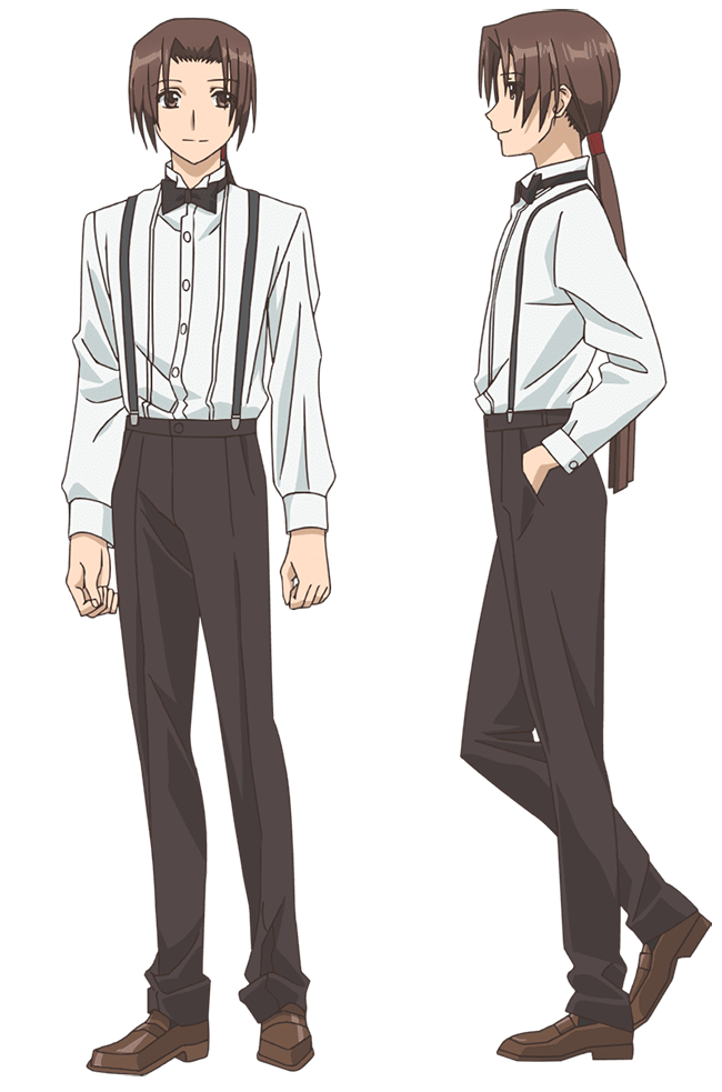 ishino satoshi, tokyo mew mew, tokyo mew mew new, official art, 2boys, akasaka keiichirou, anime coloring, black bow, bow, bowtie, brown hair, brown pants, brown shoes, closed mouth, collared shirt, curtained hair, dress shoes, from side, full body, hand in pocket, long hair, long sleeves, looking at viewer, low ponytail, multiple boys, multiple views, pants, ponytail, profile, shirt, shoes, simple background, smile, standing, suspenders, transparent background, very long hair, white shirt