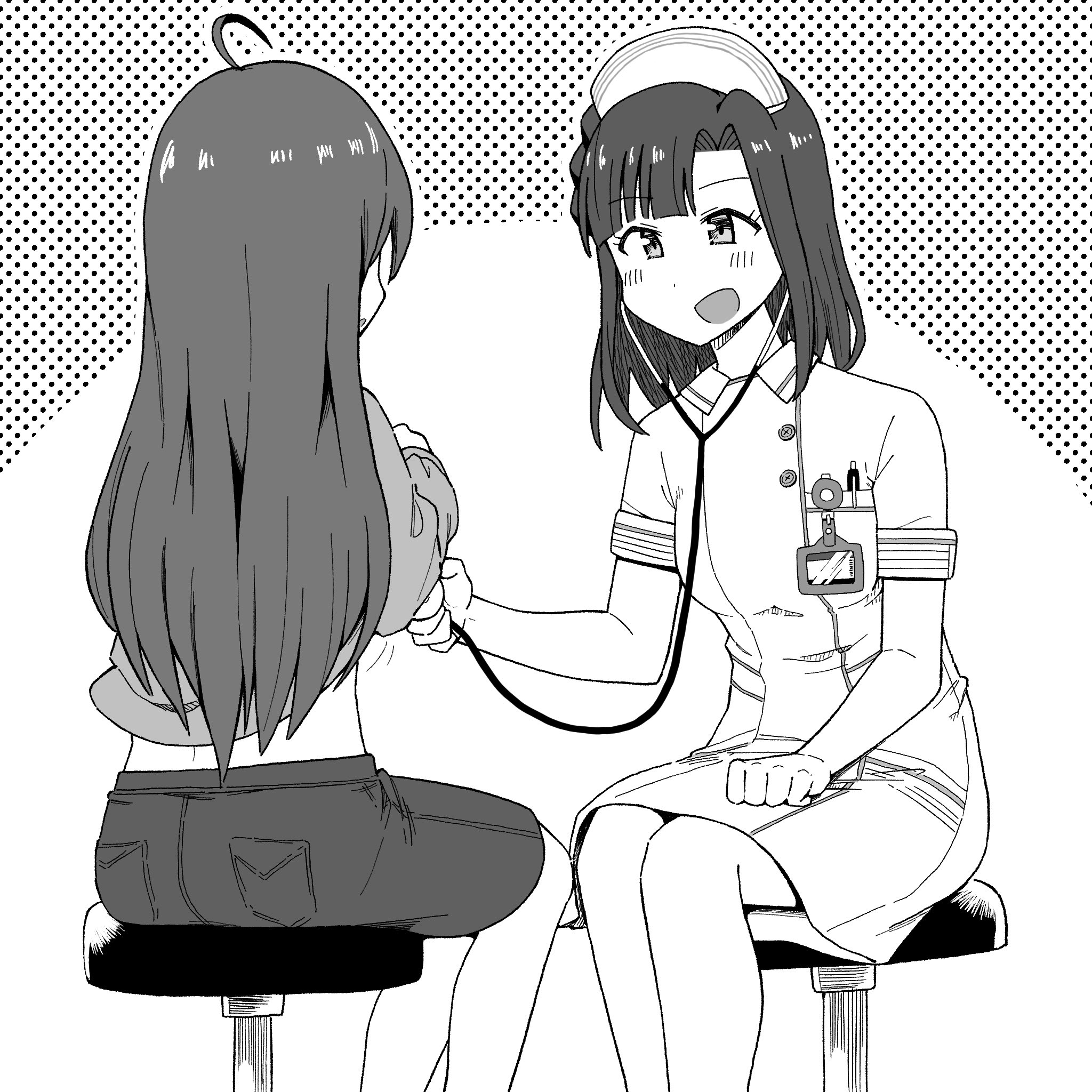 rickhime38, mochizuki anna, nanao yuriko, idolmaster, idolmaster million live!, highres, 2girls, ahoge, doctor, dress, greyscale, hat, lifting own clothes, long hair, looking at another, medium hair, monochrome, multiple girls, nurse cap, on stool, open mouth, physical examination, short sleeves, shorts, sitting, stethoscope