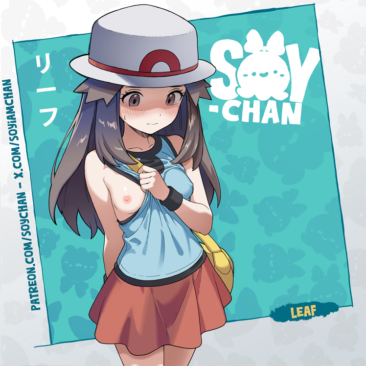 soyiamchan, leaf (pokemon), nintendo, pokemon, pokemon frlg, translation request, 1girl, artist name, bag, blue background, blue shirt, blush, border, breasts, brown eyes, brown hair, character name, closed mouth, dot nose, embarrassed, hair flaps, hat, looking down, nipples, one breast out, patreon username, pulling own clothes, red skirt, shirt, shoulder bag, skirt, sleeveless, sleeveless shirt, small breasts, solo, standing, twitter username, white border, white hat, wristband