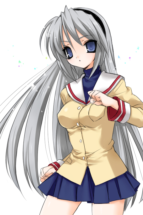 kooriyama ichirou, koriyama shashi, sakagami tomoyo, clannad, silver hair, 00s, 1girl, arm at side, blazer, blue eyes, blue skirt, breasts, buttons, female focus, head tilt, jacket, long hair, long sleeves, looking at viewer, miniskirt, pleated skirt, simple background, skirt, sleeve cuffs, solo, very long hair, white background