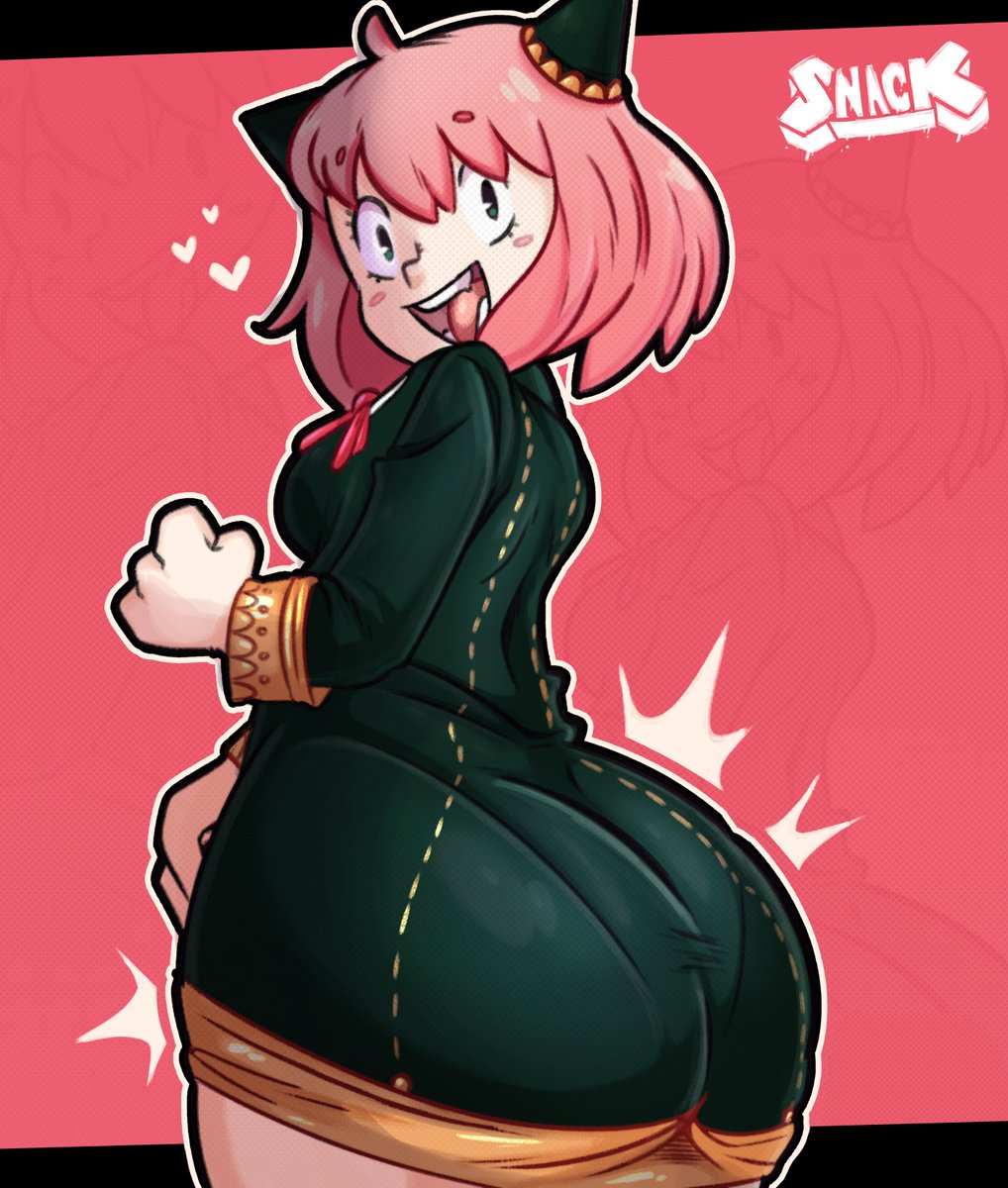 patateroart, anya (spy x family), spy x family, anya forger, ass, dress, eden academy school uniform, hair ornament, huge ass, kyojiri loli, looking at viewer, open mouth, pink hair, school uniform, short dress, short hair, smile