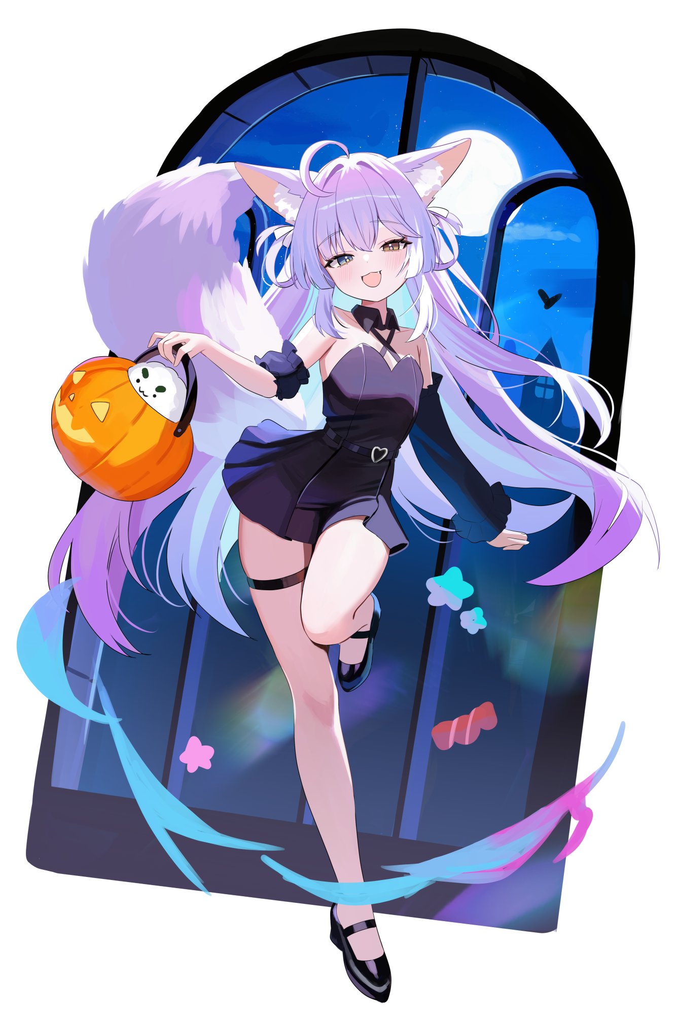 nannung, tenko shibuki, stellive, highres, 1girl, :d, ahoge, animal ears, asymmetrical sleeves, belt, black dress, black shoes, blue eyes, brown eyes, bucket, crossed bangs, detached sleeves, dress, fang, fox ears, fox girl, fox tail, full body, full moon, hair intakes, halloween bucket, halter dress, halterneck, heterochromia, holding, holding bucket, long hair, looking at viewer, moon, night, open mouth, purple hair, shoes, short dress, sidelocks, sleeveless, sleeveless dress, smile, standing, standing on one leg, tail, thigh strap, window