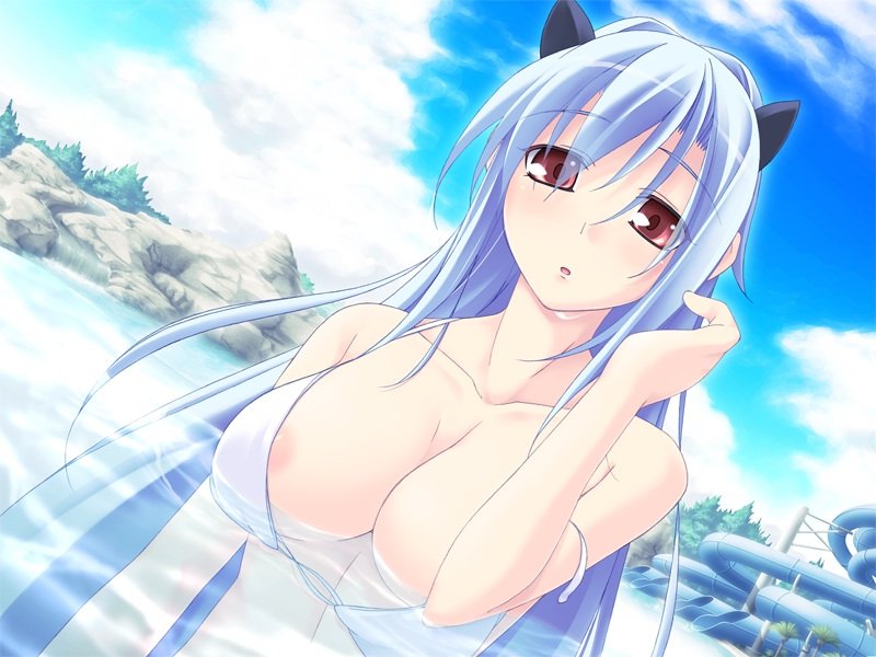 akinoko, luna (luna sora), luna sora, game cg, 1girl, animal ears, areola slip, bikini, blue hair, breasts, cat ears, day, dutch angle, female focus, large breasts, long hair, nipple slip, nipples, red eyes, solo, swimsuit, wardrobe malfunction, water, white bikini