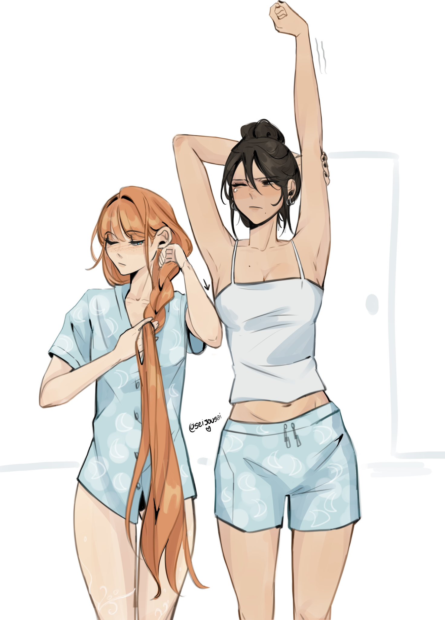 seijousai, original, commentary, english commentary, highres, 2girls, arm up, armpits, black hair, blue pajamas, blue shirt, blue shorts, borrowed clothes, braiding hair, breasts, camisole, closed eyes, hair bun, hairdressing, long hair, mole, mole under mouth, multiple girls, no pants, one eye closed, orange hair, pajamas, selin (seijousai), shirt, shorts, signature, tori (seijousai), very long hair, white camisole