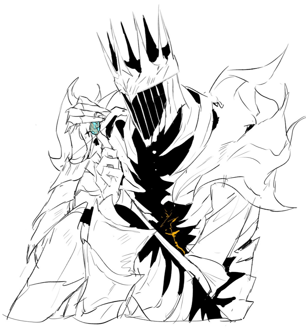 ruu47, elden ring, elden ring nightreign, highres, 1boy, armor, great rune (elden ring), greaves, greyscale, helmet, heolstor the nightlord, holding earrings, knees up, monochrome, sigil, sitting, spiked helmet, spot color, tears
