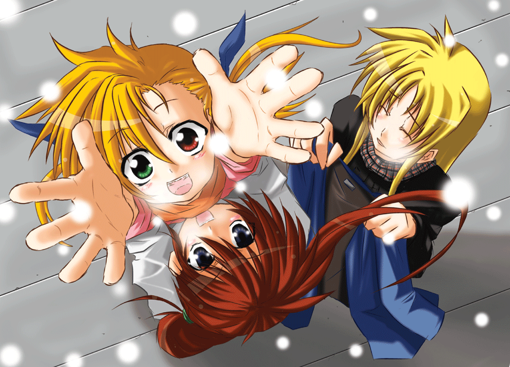 fate testarossa, takamachi nanoha, vivio, lyrical nanoha, mahou shoujo lyrical nanoha, mahou shoujo lyrical nanoha strikers, 00s, 3girls, :d, ^ ^, arms up, blonde hair, blush, closed eyes, foreshortening, height difference, heterochromia, multiple girls, open mouth, parted lips, red hair, side ponytail, smile, snow, snowing, tareme