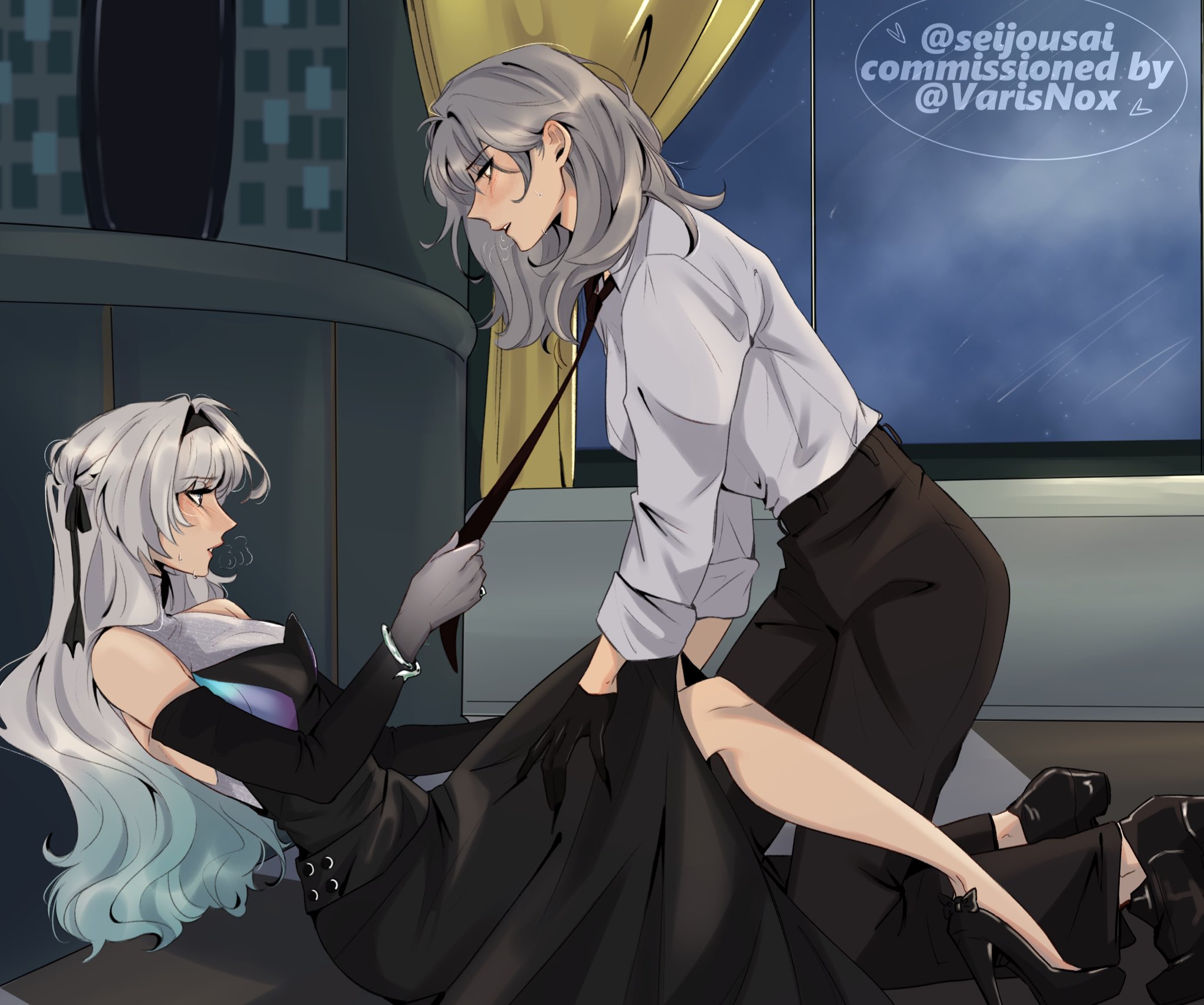 seijousai, firefly (honkai: star rail), stelle (honkai: star rail), trailblazer (honkai: star rail), honkai: star rail, honkai (series), commentary, commission, english commentary, highres, artist name, black dress, black gloves, black hairband, black necktie, black pants, black shoes, bracelet, clothes grab, collared shirt, commissioner name, dress, elbow gloves, gloves, gradient gloves, green hair, grey gloves, grey hair, hairband, jewelry, long hair, multicolored hair, necktie, necktie grab, neckwear grab, pants, shirt, shoes, sitting, sleeveless, sleeveless dress, two-tone gloves, two-tone hair, white shirt, window, yuri
