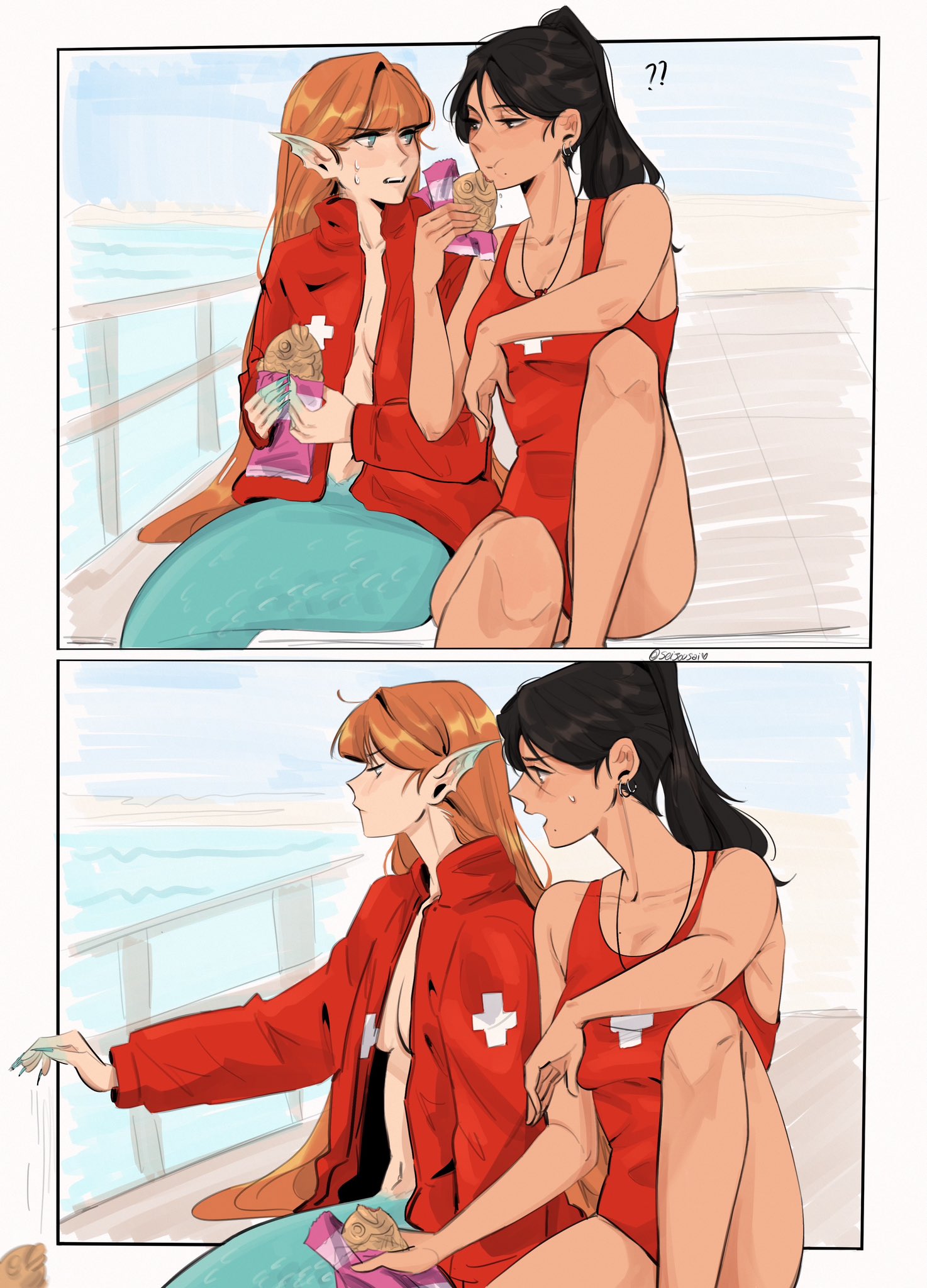 seijousai, original, commentary, english commentary, highres, 2girls, ?, ??, black hair, breasts, earrings, fingernails, food, high ponytail, holding, holding food, jacket, jewelry, lifeguard, long fingernails, long hair, mermaid, monster girl, multiple girls, one-piece swimsuit, orange hair, pointy ears, ponytail, red jacket, red one-piece swimsuit, selin (seijousai), swimsuit, taiyaki, tori (seijousai), very long hair, wagashi, whistle, whistle around neck