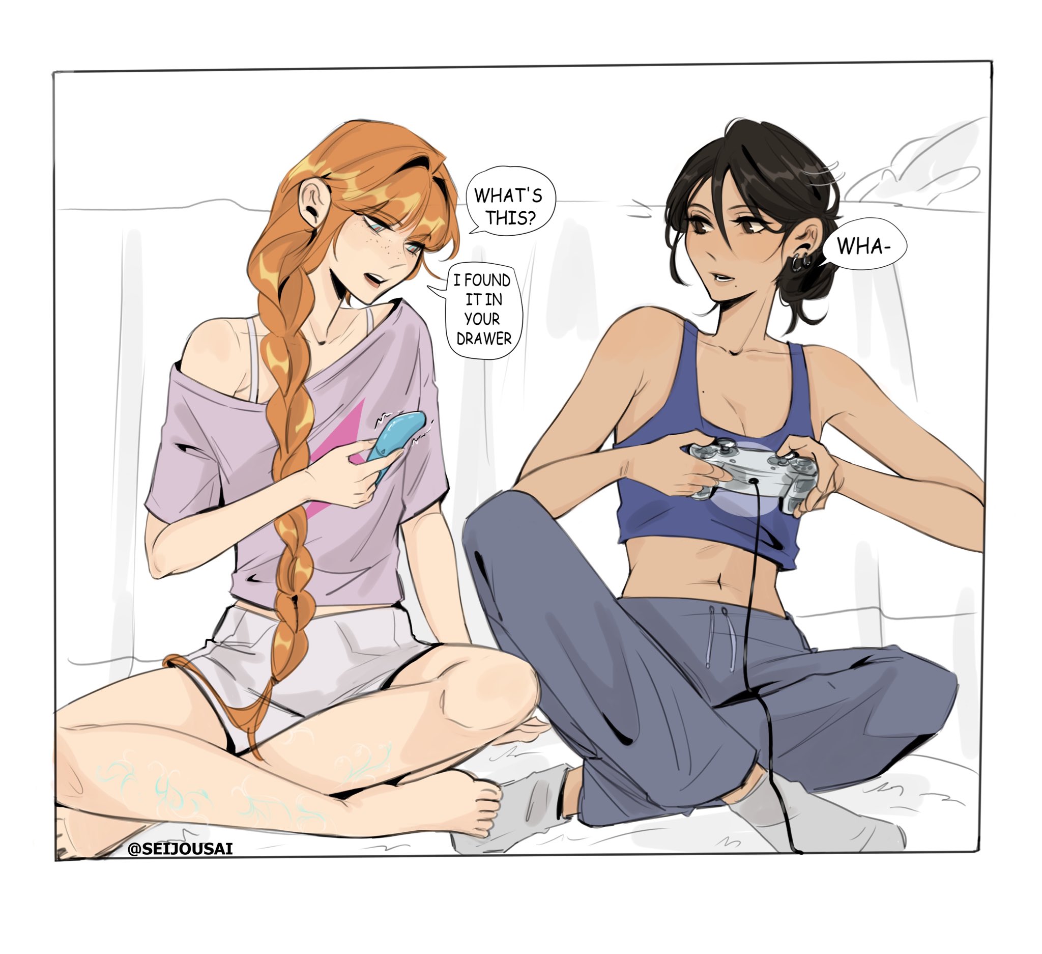 seijousai, original, highres, 2girls, black eyes, black hair, blue bra, blue eyes, bra, bra strap, braid, controller, dildo, earrings, english text, freckles, game controller, grey pants, grey socks, hair over shoulder, holding, holding controller, holding game controller, holding sex toy, jewelry, mole, mole under mouth, multiple girls, orange hair, pants, playstation controller, selin (seijousai), sex toy, shirt, shorts, single braid, sitting, socks, sweatpants, tori (seijousai), underwear, white shorts