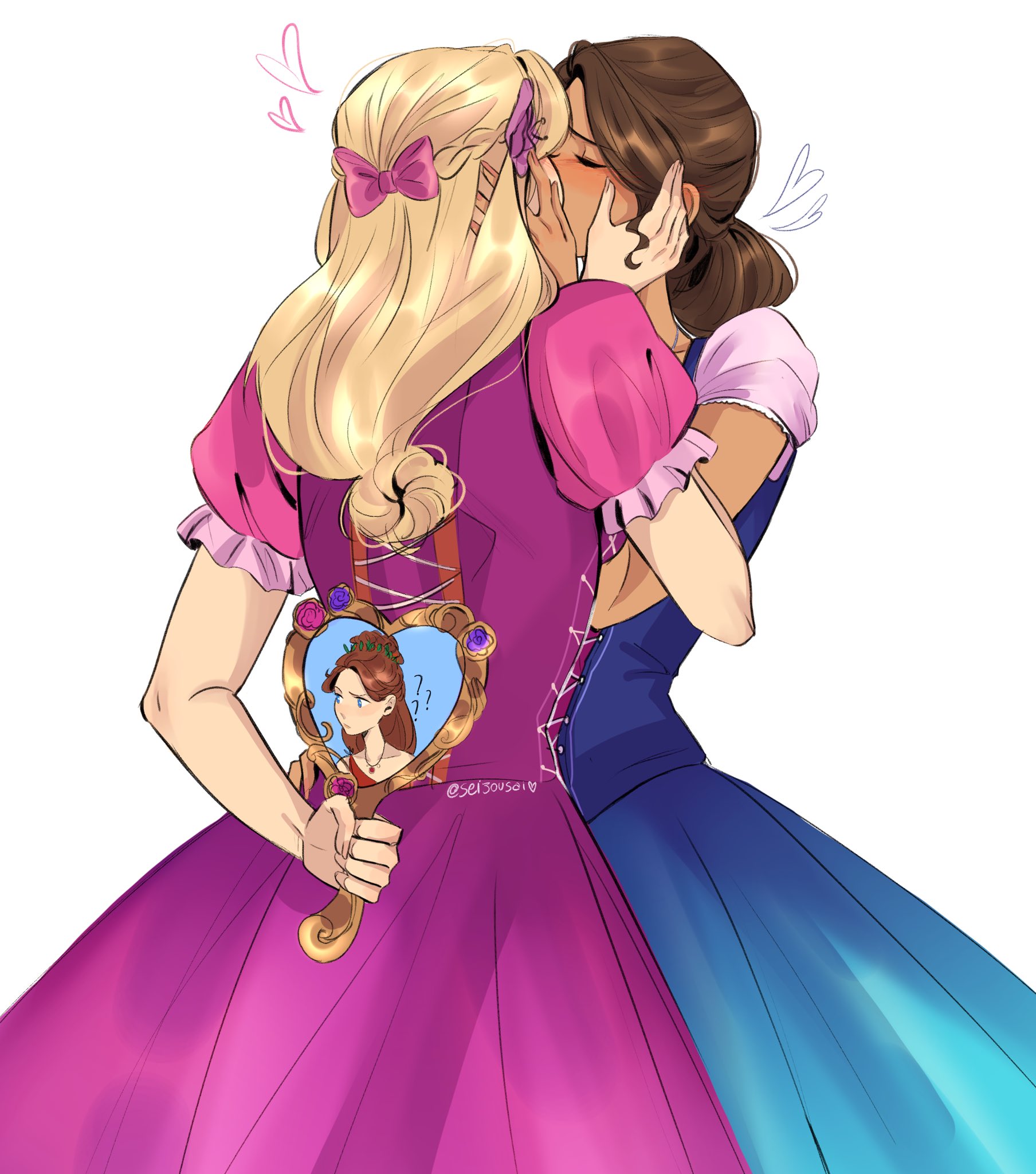 seijousai, alexa (barbie and the diamond castle), liana (barbie), barbie (franchise), barbie and the diamond castle, commentary, english commentary, highres, 3girls, ?, ??, blonde hair, blue hair, bow, braid, brown hair, closed eyes, dress, hair bow, half up braid, hand mirror, hand on another's face, heart, holding, holding mirror, long hair, low-tied long hair, melody (barbie and the diamond castle), mirror, multiple girls, pink bow, pink dress, puffy short sleeves, puffy sleeves, short sleeves, signature, yuri