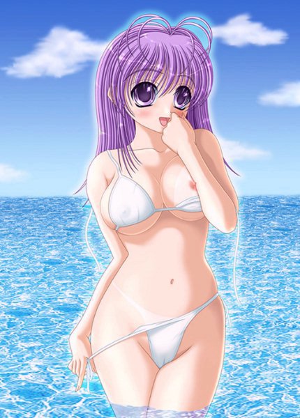 1girl, bikini, bikini tan, blush, breasts, day, female focus, medium breasts, nipples, purple eyes, purple hair, side-tie bikini bottom, solo, swimsuit, tan, tanline, water, white bikini