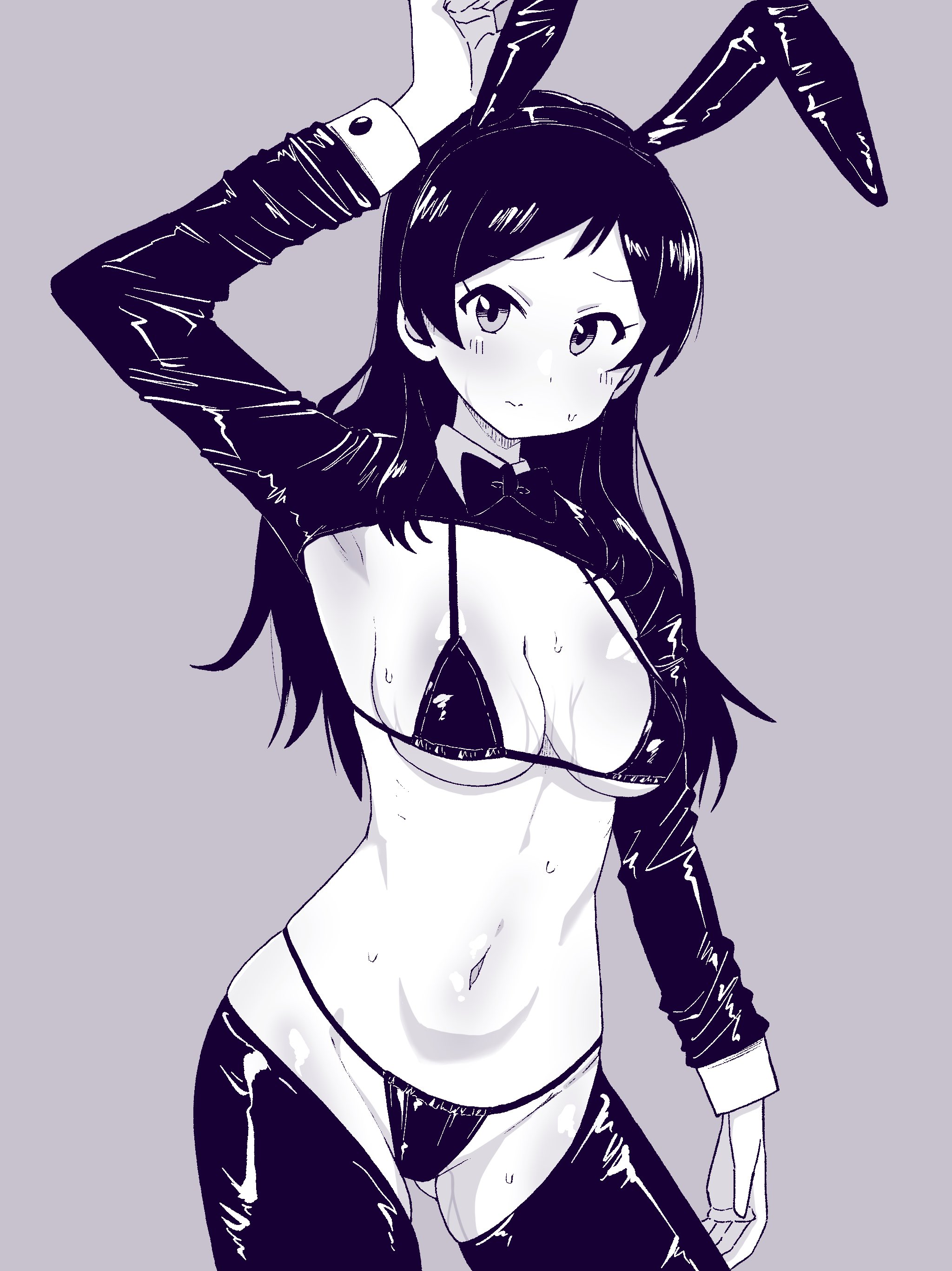 rickhime38, kitazawa shiho, idolmaster, idolmaster million live!, absurdres, highres, 1girl, animal ear hairband, animal ears, arm up, bikini, breasts, closed mouth, collared shrug, cowboy shot, fake animal ears, gluteal fold, grey background, greyscale, hairband, long hair, long sleeves, monochrome, rabbit ear hairband, rabbit ears, reverse bunnysuit, reverse outfit, shrug (clothing), simple background, solo, standing, sweat, swimsuit, thighhighs