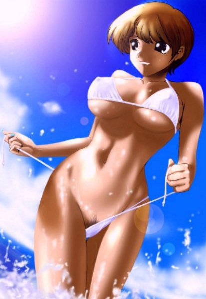 1girl, bikini, breasts, brown eyes, brown hair, covered erect nipples, day, female focus, female pubic hair, large breasts, pubic hair, short hair, side-tie bikini bottom, solo, swimsuit, undressing, water