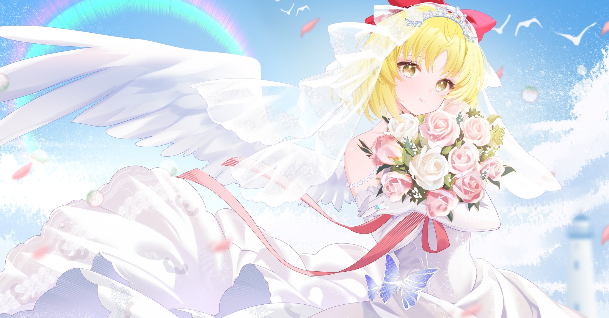 paranoia495514, gengetsu (touhou), lotus land story, touhou, touhou (pc-98), highres, 1girl, bird, blonde hair, blue butterfly, blurry, blurry background, bridal gauntlets, bridal veil, bug, butterfly, cloud, dove, dress, falling petals, feathered wings, flower, hair ornament, insect, jewelry, lighthouse, petals, pink flower, pink rose, red ribbon, ribbon, ring, rose, sky, smile, veil, wedding dress, wedding ring, white flower, white rose, wings, yellow eyes