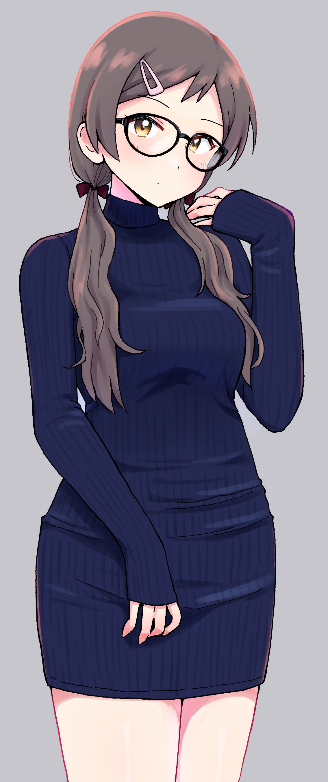 rickhime38, kitazawa shiho, idolmaster, idolmaster million live!, absurdres, highres, 1girl, bespectacled, blue sweater, breasts, brown eyes, brown hair, closed mouth, cowboy shot, dot mouth, dress, glasses, grey background, hair ornament, hairclip, hand up, long hair, long sleeves, looking at viewer, low twintails, ribbed sweater, simple background, sleeves past wrists, solo, standing, sweater, sweater dress, turtleneck, turtleneck sweater, twintails