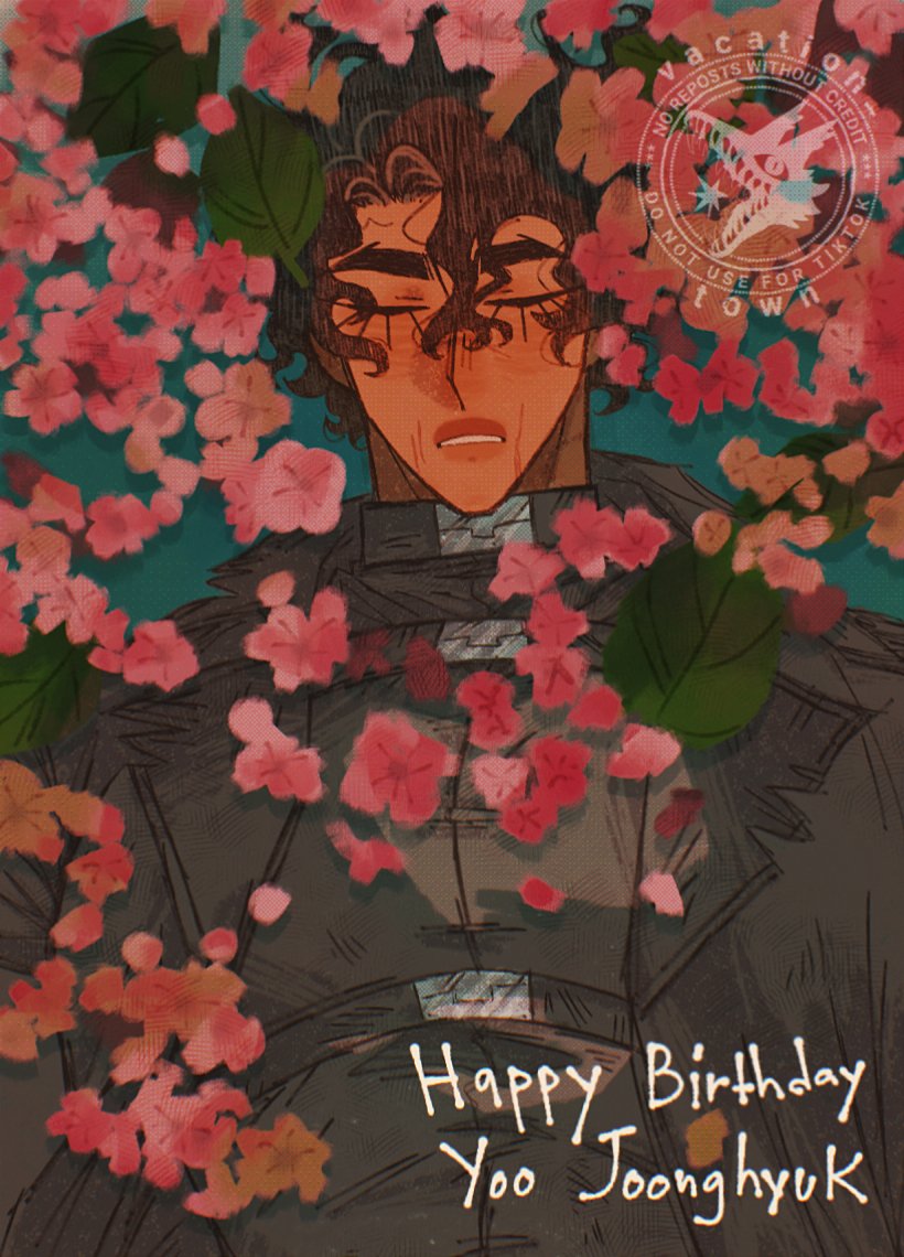 yoo joonghyuk, omniscient reader's viewpoint, commentary, hashtag-only commentary, symbol-only commentary, 1boy, afloat, afloat leaves, belt, black coat, black hair, black shirt, cherry blossoms, closed eyes, coat, crew neck, facing viewer, falling leaves, falling petals, from above, happy birthday, leaf, lying, male focus, on back, partially submerged, petals, popped collar, shirt, short hair, solo, upper body, vacation town