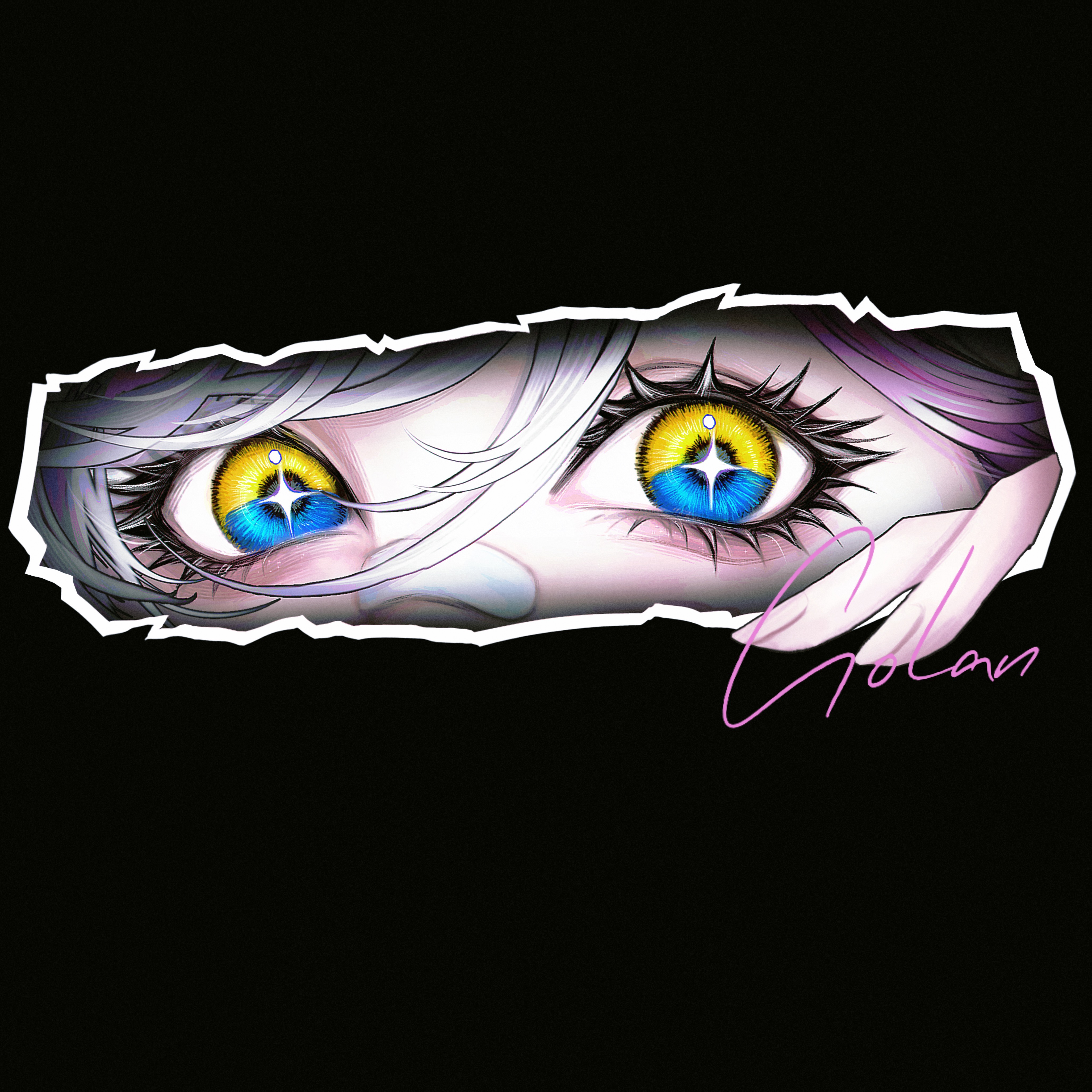 yu zhezhe, path to nowhere, absurdres, chinese commentary, commentary, highres, 1girl, bandaid, bandaid on face, bandaid on nose, black background, blue eyes, character name, eye focus, golan (path to nowhere), hair between eyes, looking at viewer, multicolored eyes, multicolored hair, pink hair, simple background, solo, streaked hair, symbol-shaped pupils, two-tone eyes, white hair, yellow eyes