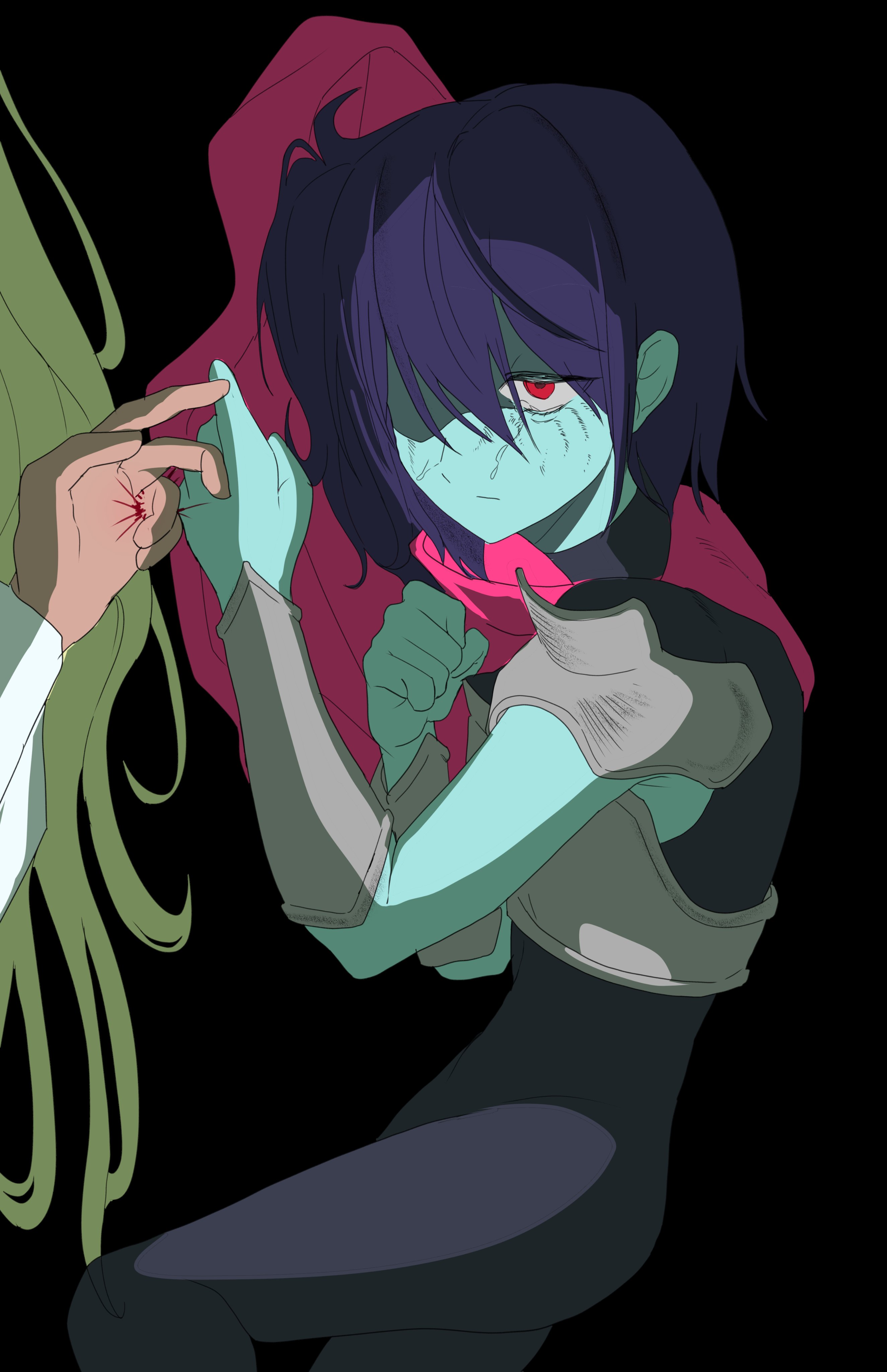 kris (dark world) (deltarune), kris (deltarune), noelle holiday, deltarune, utdr (toby fox), absurdres, commentary request, highres, korean commentary, 1girl, 1other, armor, black background, black bodysuit, blonde hair, blue hair, blue skin, bodysuit, breastplate, cape, colored skin, jewelry, noelle holiday (dark world), other focus, pink cape, red eyes, ring, short hair, side cape, sleeveless, sleeveless bodysuit, solo focus, sukhee pk, thorn ring (deltarune), weird route (deltarune)