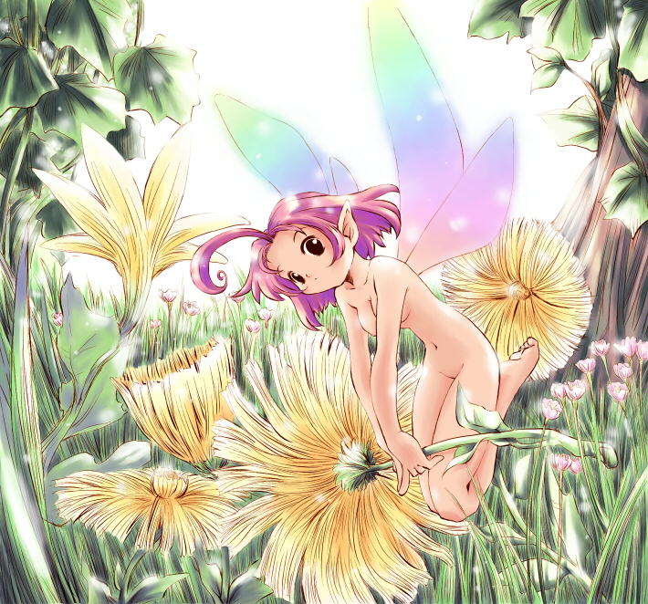 jpeg artifacts, 1girl, fairy, female focus, flower, mini person, minigirl, monster girl, navel, nude, pointy ears, purple hair, solo