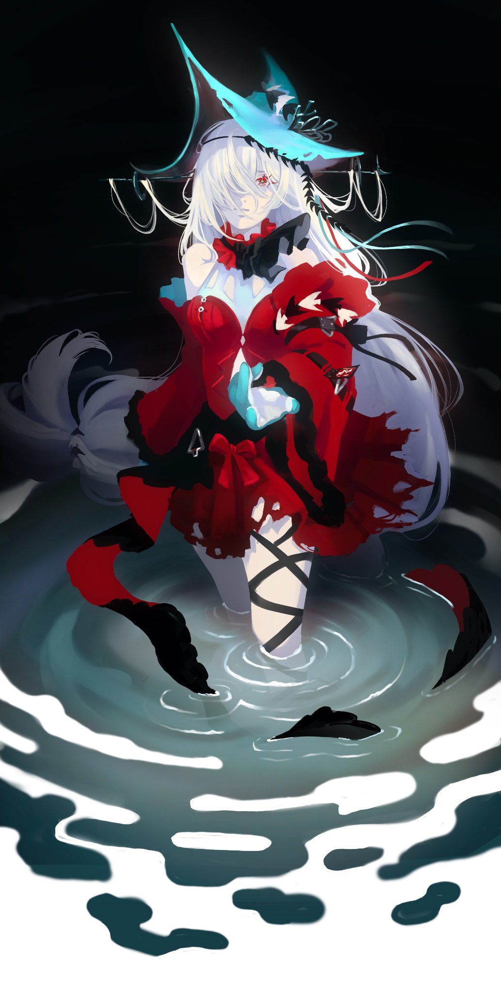 constance (angeliccarousel), skadi (arknights), skadi the corrupting heart (arknights), highres, 1girl, angelfish, aqua gloves, aqua hat, ascot, bare shoulders, black ascot, breasts, clothing cutout, dark background, detached sleeves, dress, fish, floating hair, full body, gloves, glowing, hair between eyes, hair ornament, hair ribbon, hat, leg ribbon, lips, long hair, long sleeves, looking at viewer, low-tied long hair, medium breasts, navel cutout, off-shoulder dress, off shoulder, official alternate costume, reaching, reaching towards viewer, red dress, red eyes, red sleeves, ribbon, solo, standing, torn clothes, torn dress, tropical fish, very long hair, wading, wet, white hair, wind