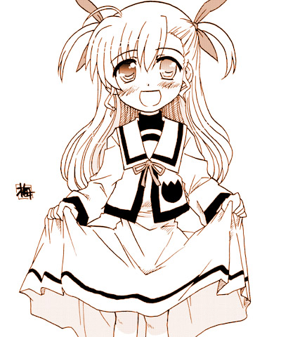 kairakuen umenoka, vivio, lyrical nanoha, mahou shoujo lyrical nanoha, mahou shoujo lyrical nanoha strikers, lowres, 00s, 1girl, female focus, monochrome, orange theme, school uniform, serafuku, solo