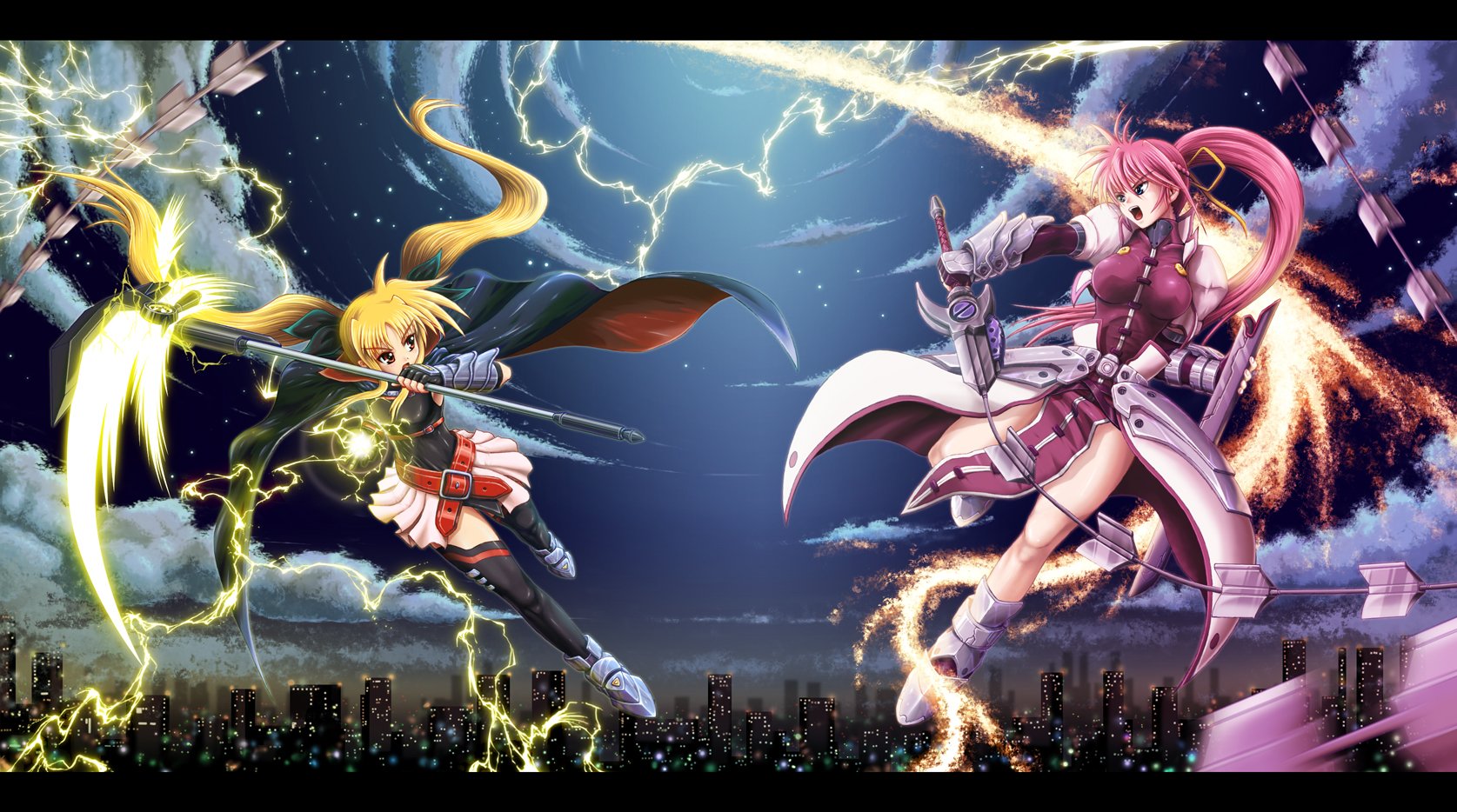 sentaro, bardiche (haken form) (nanoha), bardiche (nanoha), fate testarossa, fate testarossa (lightning form), laevatein (nanoha), signum, lyrical nanoha, mahou shoujo lyrical nanoha, mahou shoujo lyrical nanoha a's, highres, 00s, blonde hair, blue eyes, energy blade, energy sword, letterboxed, long hair, panties, pink hair, ponytail, red eyes, scythe, sword, thighhighs, twintails, underwear, weapon, whip, whip sword