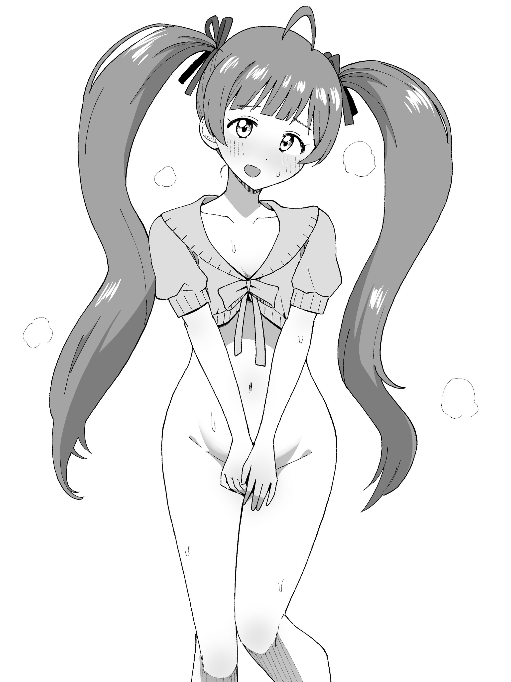 rickhime38, hakozaki serika, idolmaster, idolmaster million live!, absurdres, highres, 1girl, ahoge, blush, bottomless, covering crotch, covering privates, greyscale, long hair, looking at viewer, monochrome, navel, open mouth, simple background, solo, standing, twintails, very long hair, white background