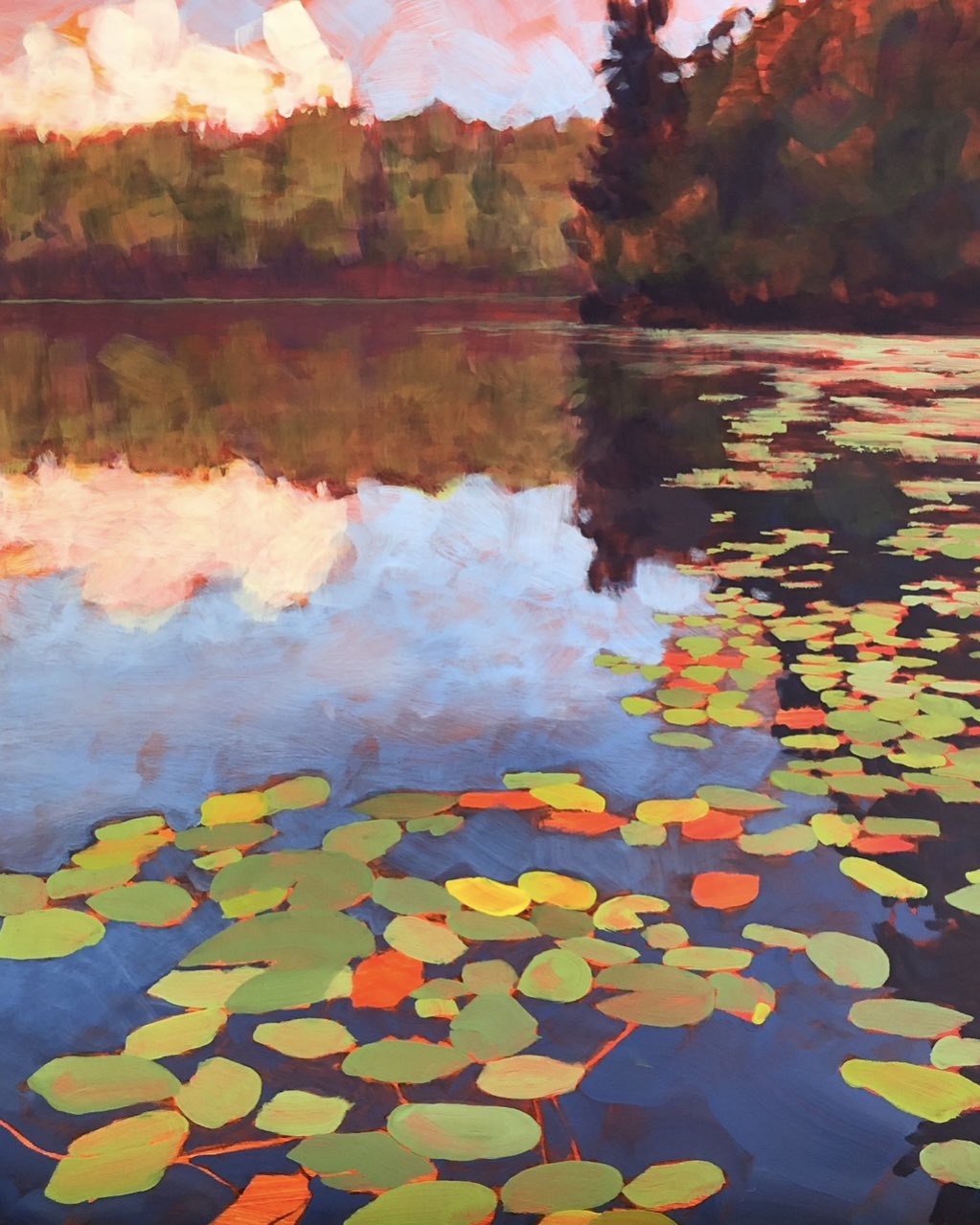 jimmusilpainter, original, commentary, english commentary, highres, blue sky, cloud, day, lake, lily pad, no humans, outdoors, reflection, reflective water, scenery, sky, tree, water