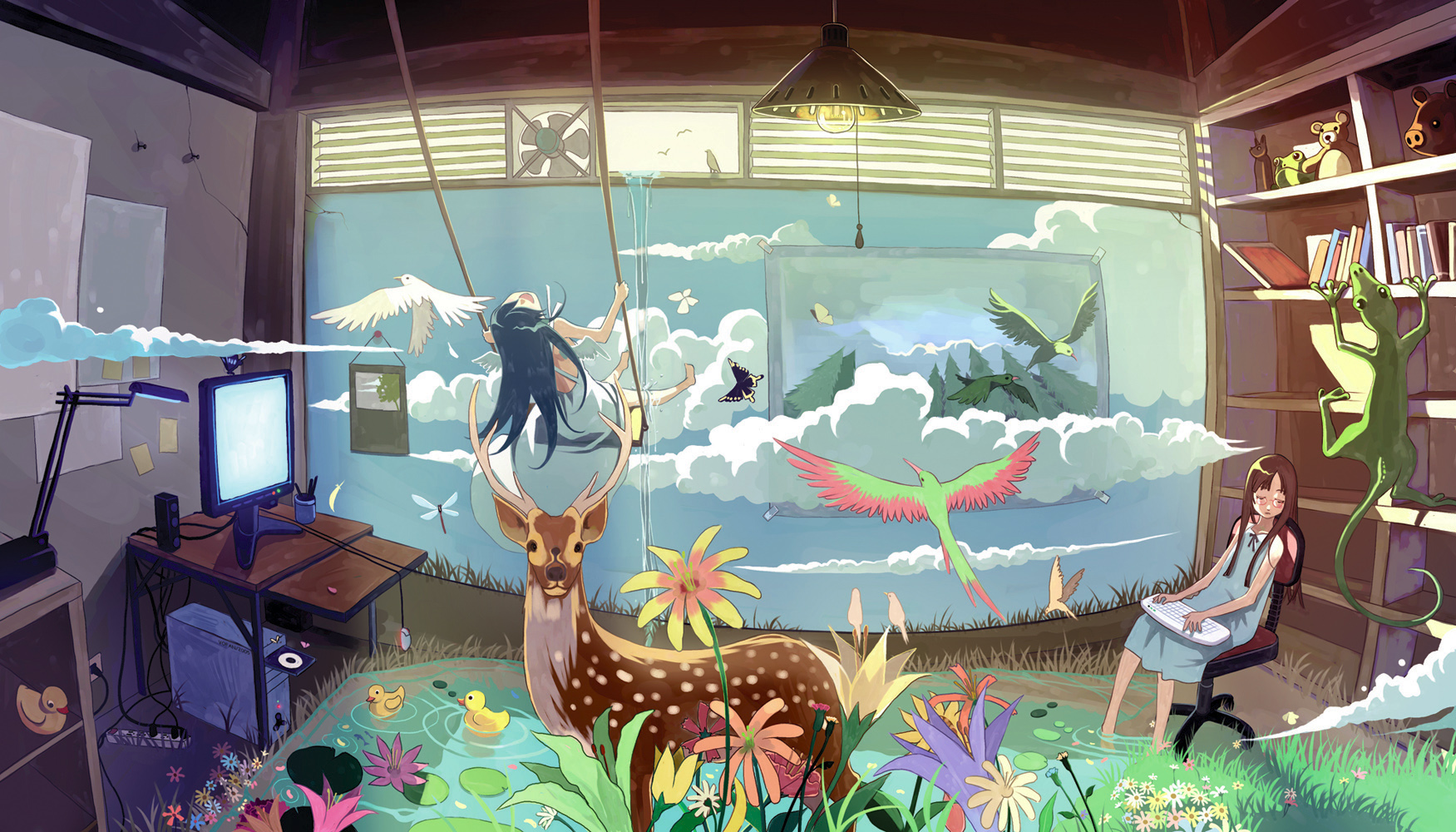 vofan, original, highres, 2girls, bird, blue hair, book, brown hair, cloud, computer, computer keyboard, deer, dress, flower, glasses, grass, lizard, long hair, multiple girls, room, rubber duck, sleeping, surreal