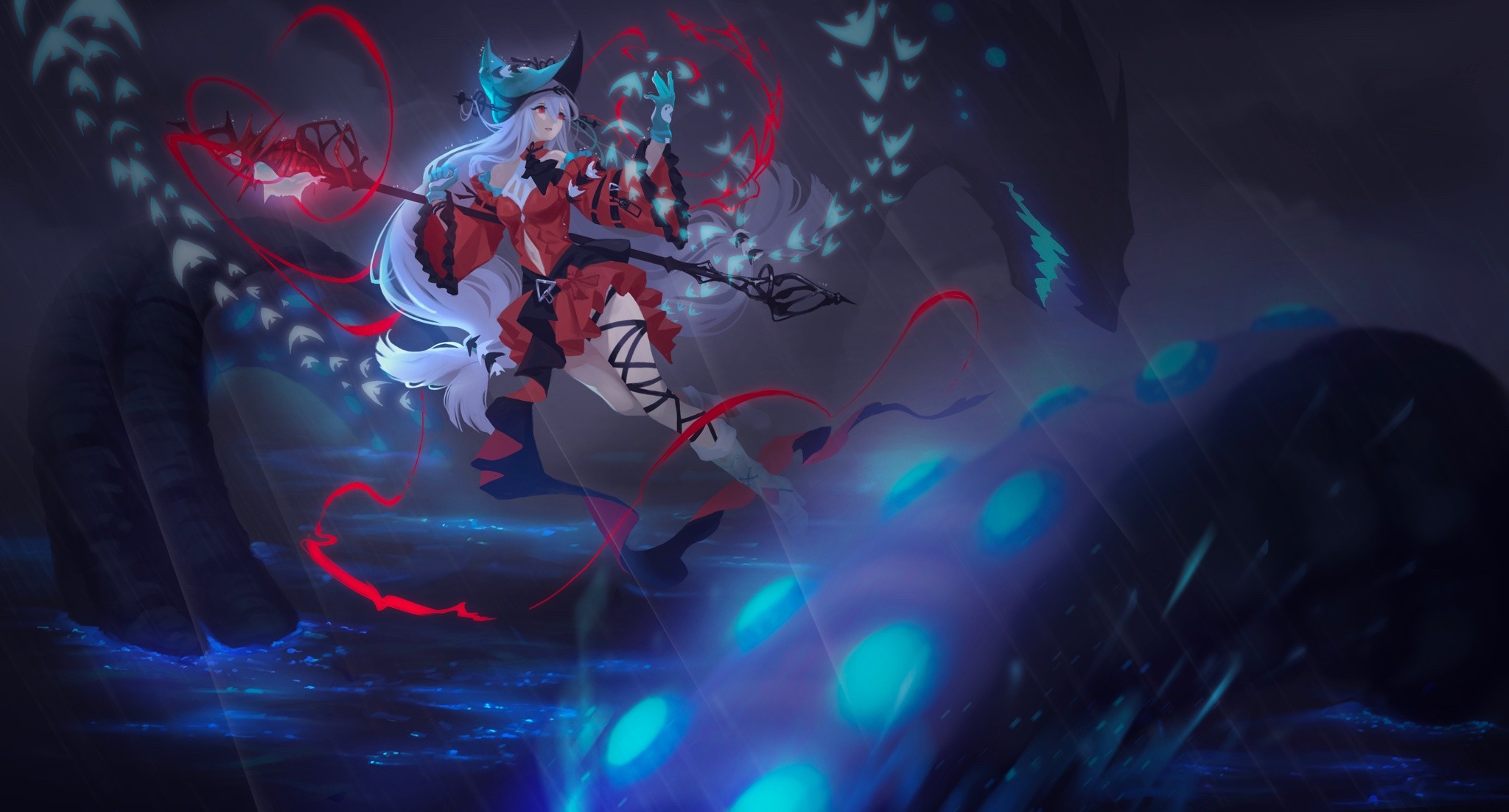 constance (angeliccarousel), skadi's seaborn (arknights), skadi (arknights), skadi the corrupting heart (arknights), arknights, highres, 1girl, angelfish, aqua gloves, aqua hat, ascot, bare shoulders, black ascot, blurry, blurry foreground, breasts, clothing cutout, detached sleeves, dress, fish, floating, floating hair, flying fish, full body, giant, giant monster, gloves, glowing, hair between eyes, hair ornament, hair ribbon, halterneck, hand up, hat, holding, holding staff, leg ribbon, long hair, long sleeves, low-tied long hair, medium breasts, monster, navel, navel cutout, ocean, off-shoulder dress, off shoulder, official alternate costume, open mouth, rain, red dress, red eyes, red ribbon, red sleeves, ribbon, solo, staff, teeth, tropical fish, very long hair, water, white hair