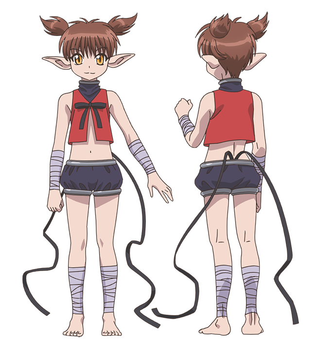 ishino satoshi, tart (tokyo mew mew), tokyo mew mew, tokyo mew mew new, official art, 2boys, :3, anime coloring, back, bandaged arm, bandaged leg, bandages, barefoot, black ribbon, blue shorts, brown hair, clenched hands, closed mouth, collared shirt, from behind, full body, hand up, looking at viewer, multiple boys, multiple views, open hand, outstretched arm, pointy ears, red shirt, ribbon, shirt, short hair, short shorts, short twintails, shorts, simple background, sleeveless, sleeveless shirt, smile, standing, transparent background, twintails, yellow eyes