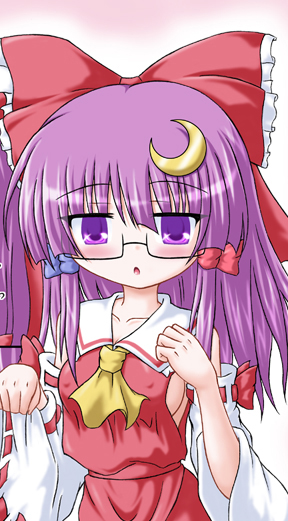 inasaki shirau, hakurei reimu, patchouli knowledge, touhou, 1girl, bespectacled, breasts, cosplay, covered erect nipples, crescent, crescent hair ornament, detached sleeves, female focus, glasses, hair ornament, hakurei reimu (cosplay), japanese clothes, miko, purple eyes, purple hair, sideboob, solo