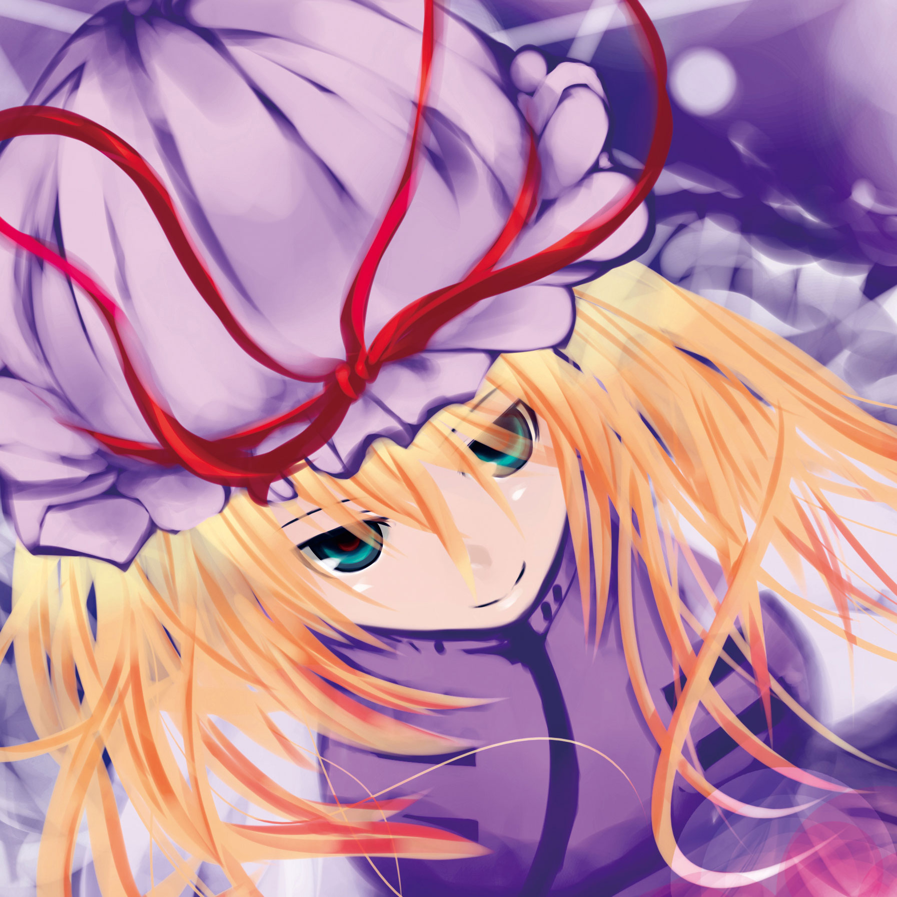 yakumo yukari, touhou, highres, 1girl, blonde hair, blush, dress, female focus, frills, from above, green eyes, hat, hat ribbon, long hair, mob cap, red ribbon, ribbon, solo, tabard, upper body, white dress
