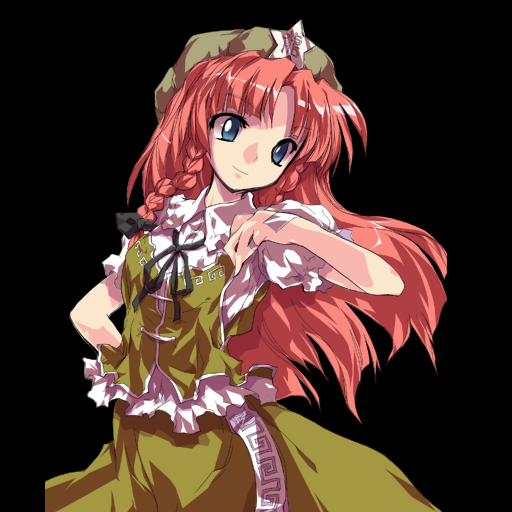 alphes, hong meiling, immaterial and missing power, touhou, official art, 1girl, blue eyes, braid, female focus, hat, long hair, red hair, simple background, smile, solo, twin braids