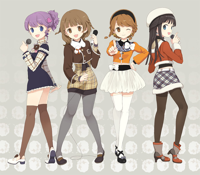 tiv, shin ji-won, annyeong we are peanuts, djmax, djmax portable, ladymade star, original, argyle, black legwear, grey legwear, plaid, 4girls, ankle boots, aqua eyes, belt, beret, black hair, blue eyes, boots, bow, braid, brown eyes, brown hair, brown thighhighs, buttons, cable, cotton boll, curly hair, dress, drill hair, earrings, everyone, fashion, flower, hair ornament, hairband, hairclip, hat, hood, hooded jacket, jacket, jewelry, legs, microphone, multiple girls, one eye closed, pantyhose, ponytail, purple hair, short hair, skirt, thighhighs, twin braids, white thighhighs, wink, zettai ryouiki